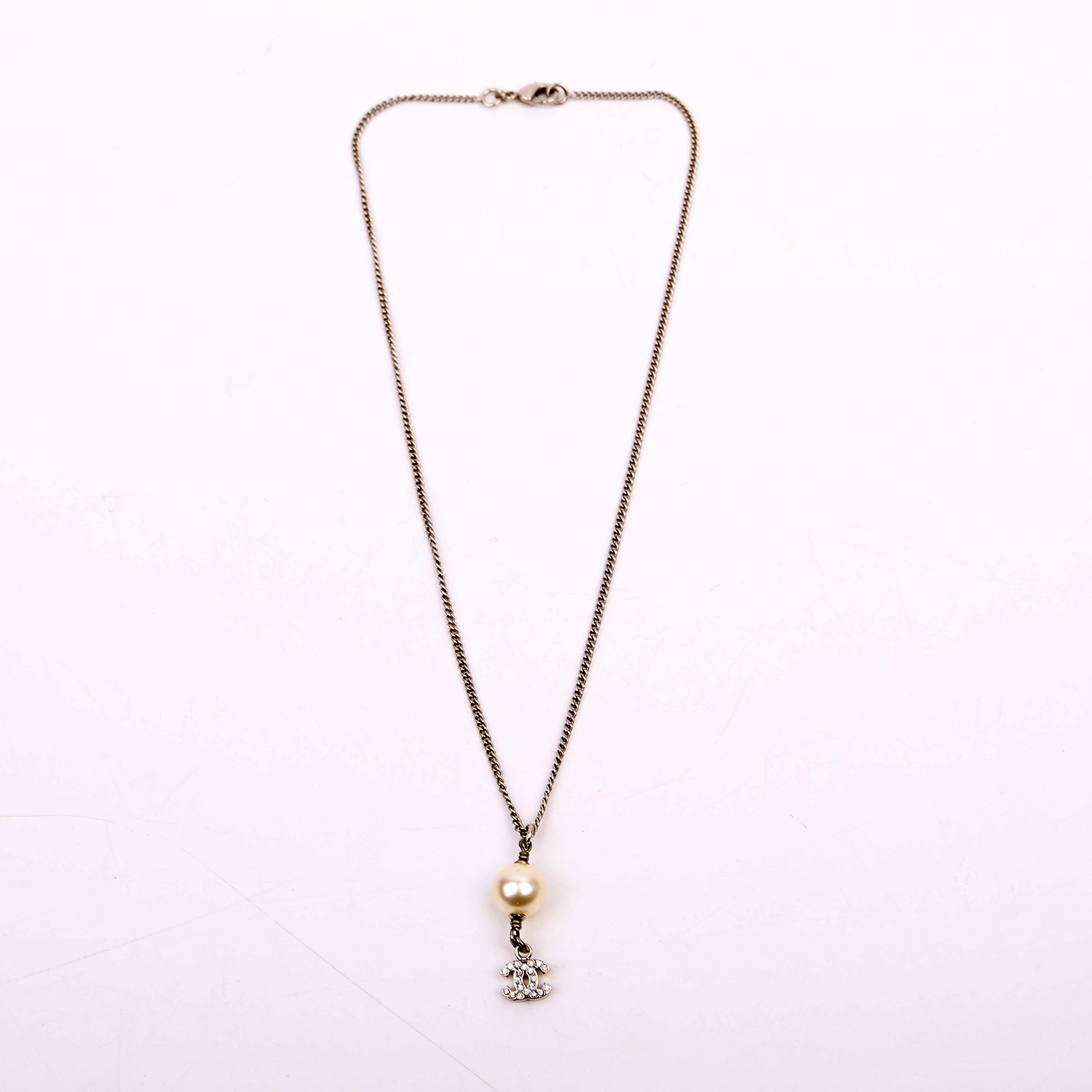 Pearl Drop CC Rhinestone Pendant Necklace Silver