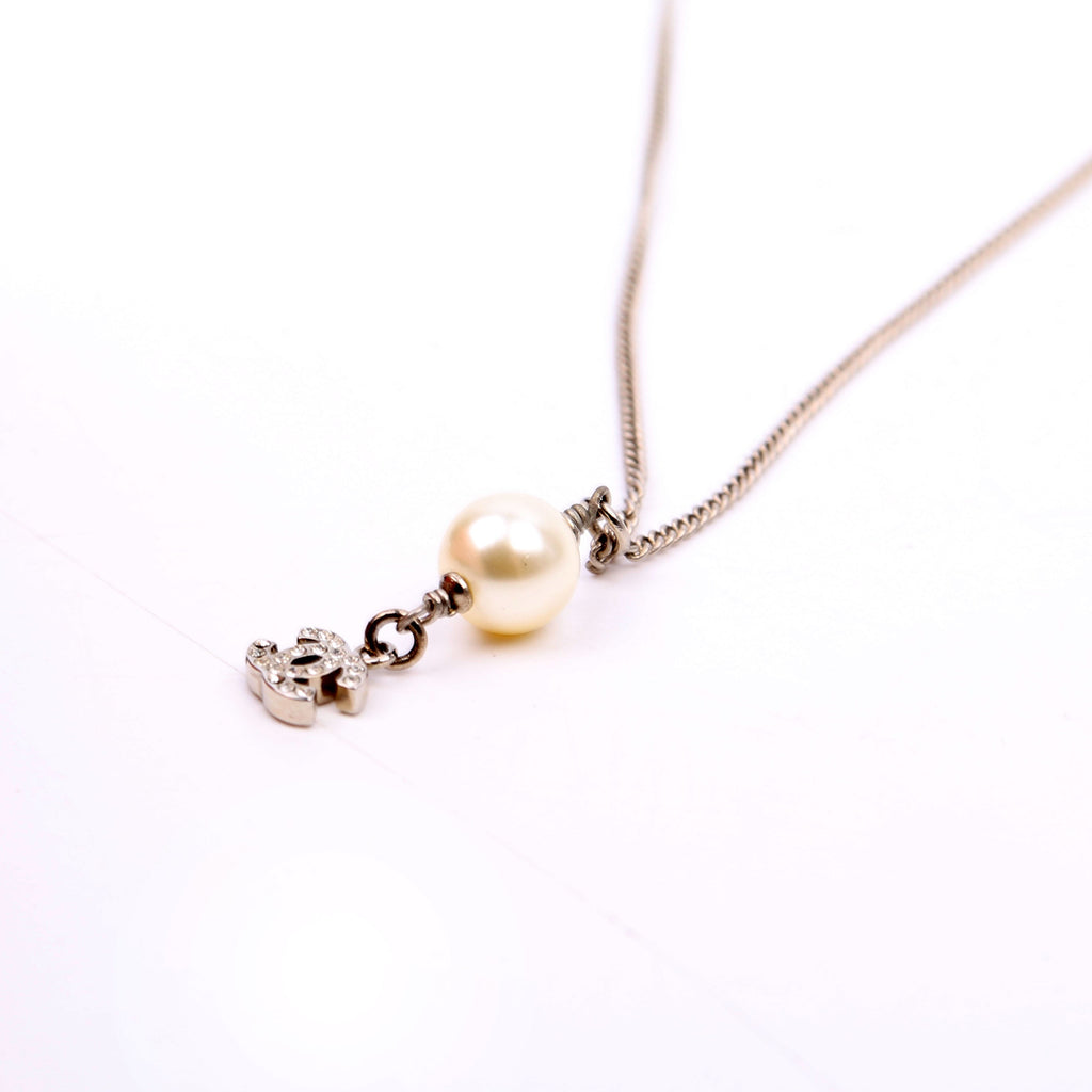 Pearl Drop CC Rhinestone Pendant Necklace Silver