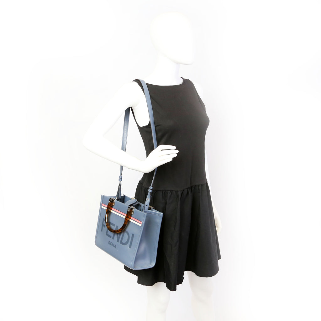 Fendi Sunshine Shopper Small Leather Tote Blue