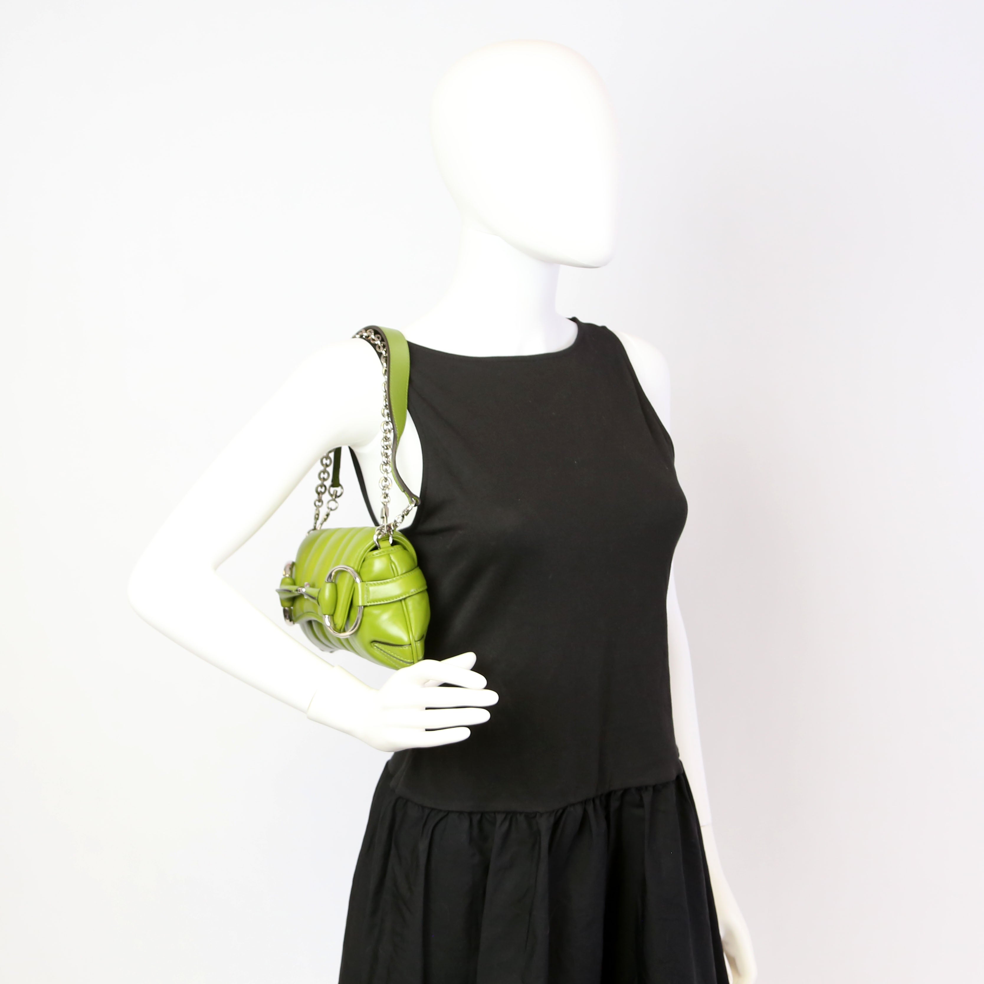 764339 Vertical Quilted Maxi Horsebit Chain Medium Shoulder Bag Green