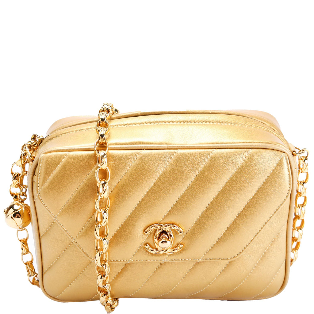 Camera Bag Small Diagonal Quilted Metallic Lambskin 2M Vintage Gold