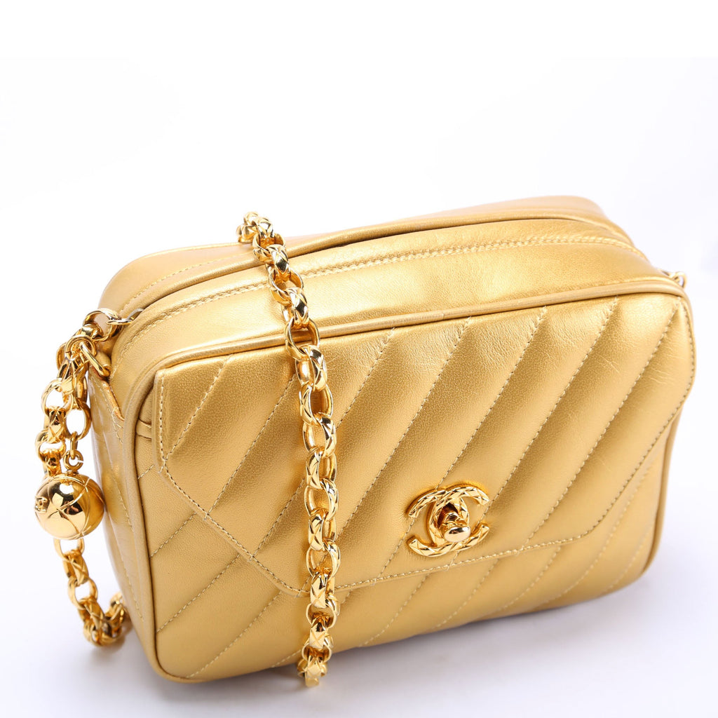 Camera Bag Small Diagonal Quilted Metallic Lambskin 2M Vintage Gold