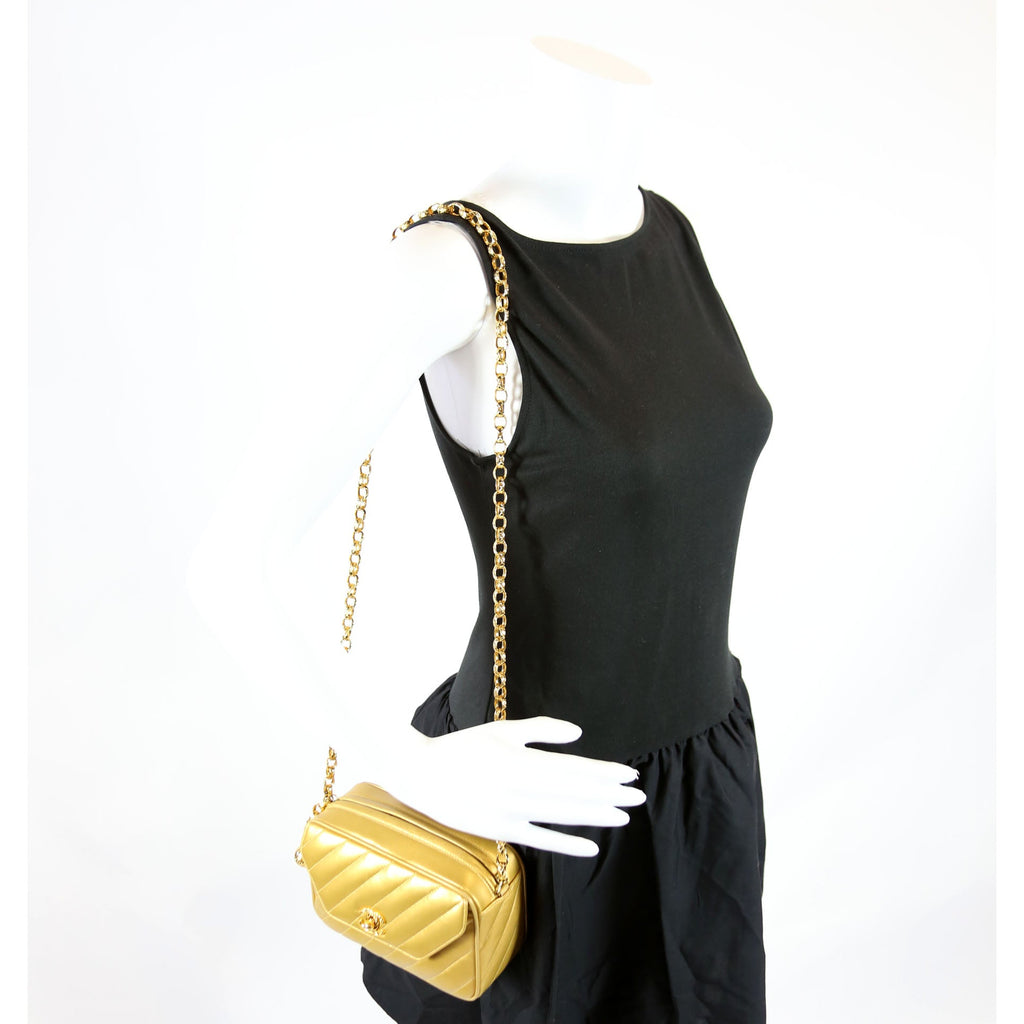 Camera Bag Small Diagonal Quilted Metallic Lambskin 2M Vintage Gold