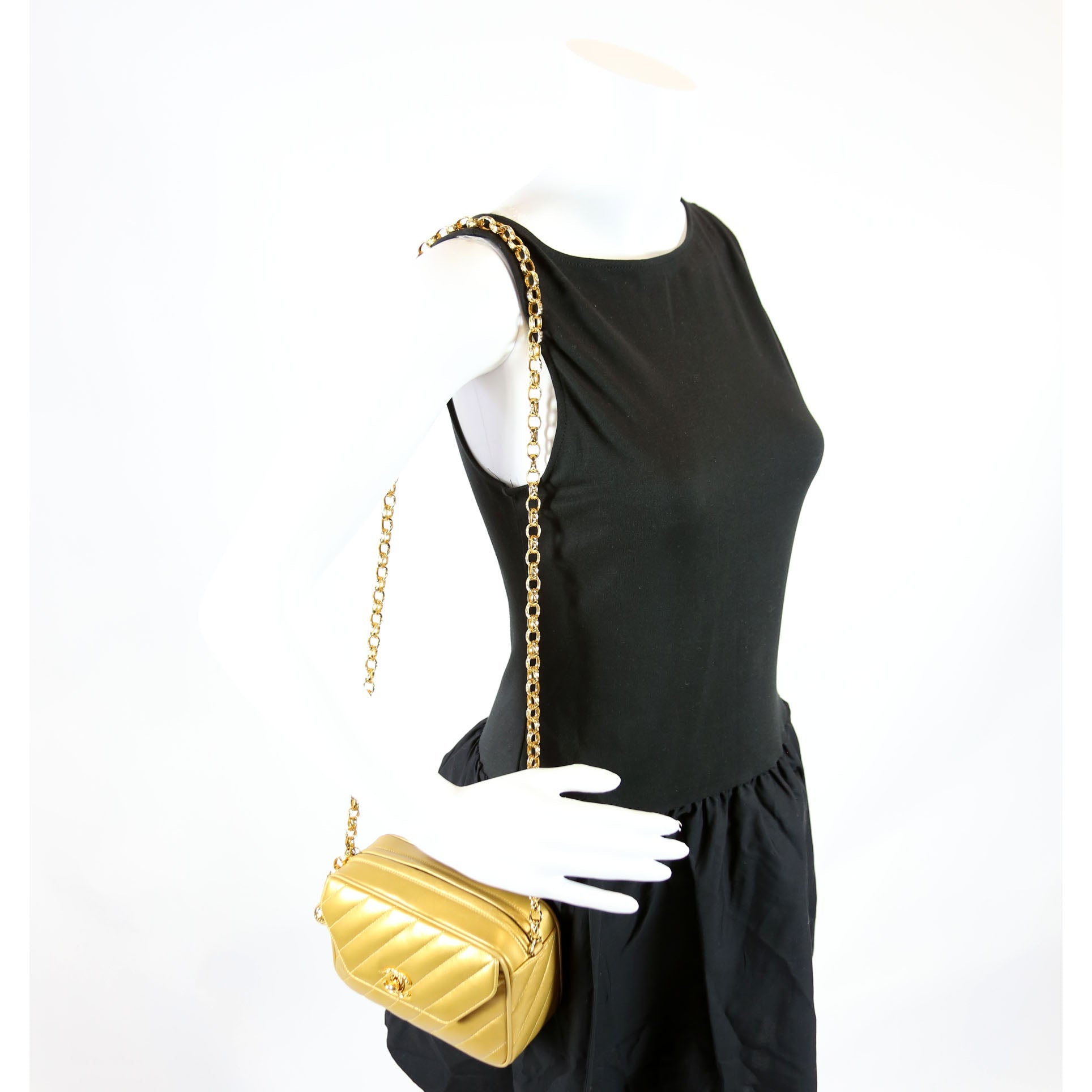 Camera Bag Small Diagonal Quilted Metallic Lambskin 2M Vintage Gold