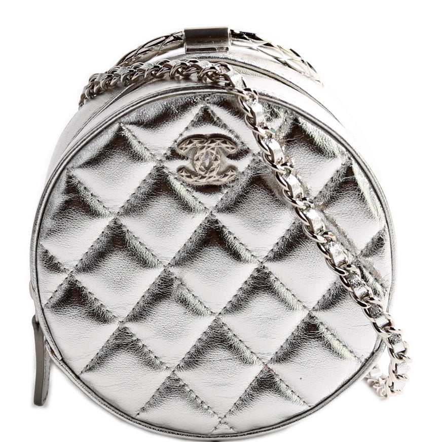 Metallic Quilted Round Bracelet Clutch With Chain Silver