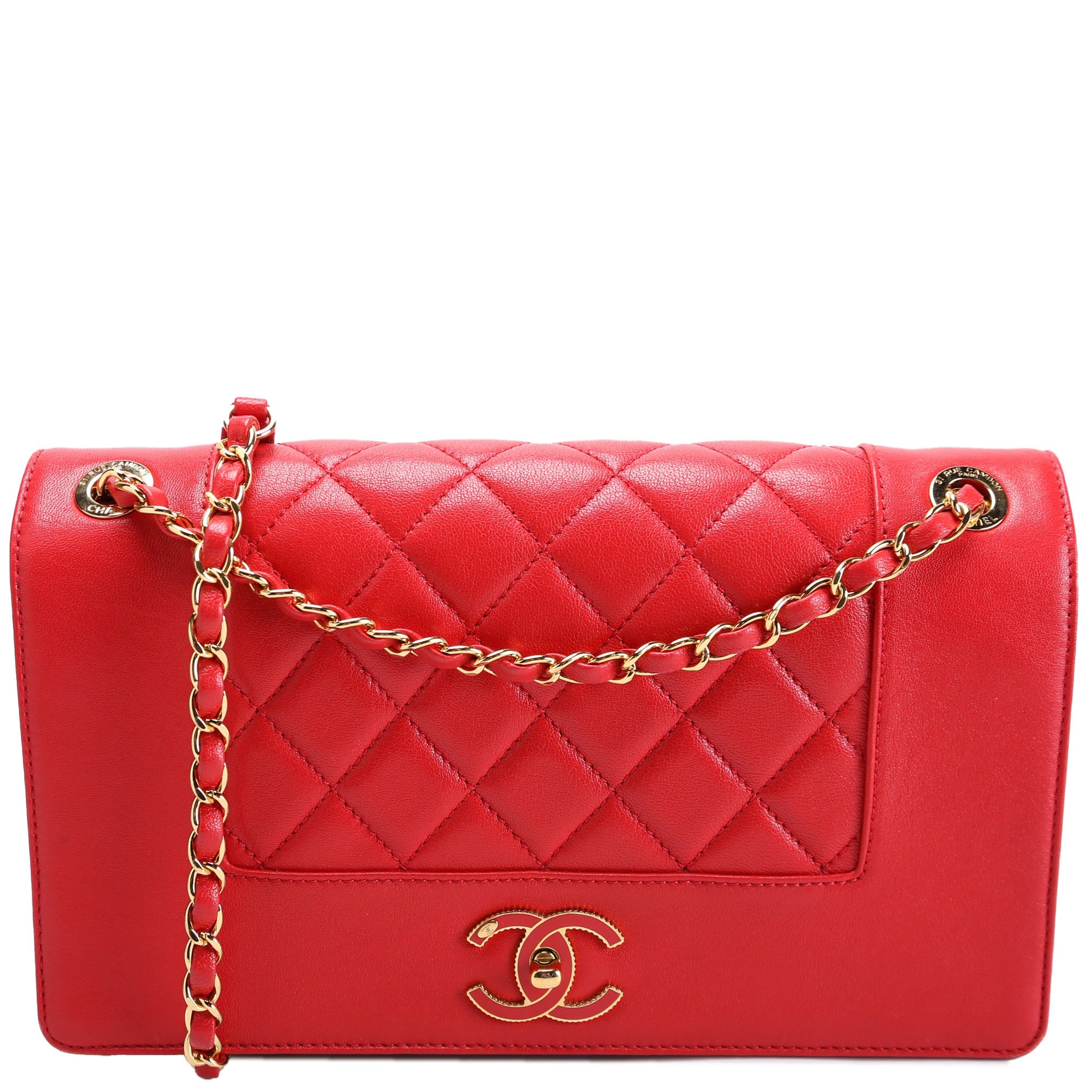 Mademoiselle Vintage Flap Bag Quilted Shiny Sheepskin Red/Gold