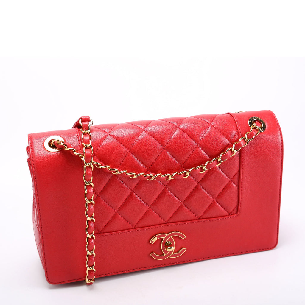 Mademoiselle Vintage Flap Bag Quilted Shiny Sheepskin Red/Gold