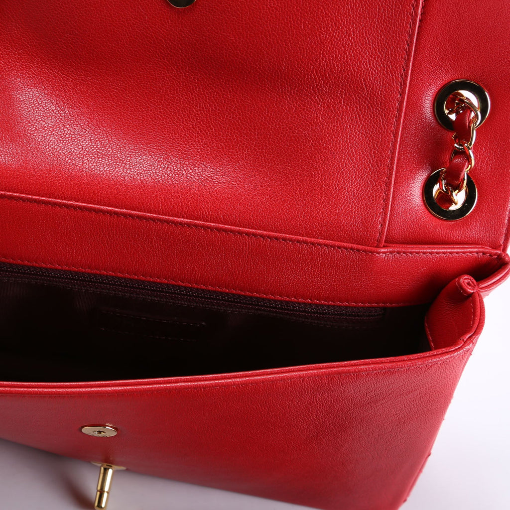 Mademoiselle Vintage Flap Bag Quilted Shiny Sheepskin Red/Gold