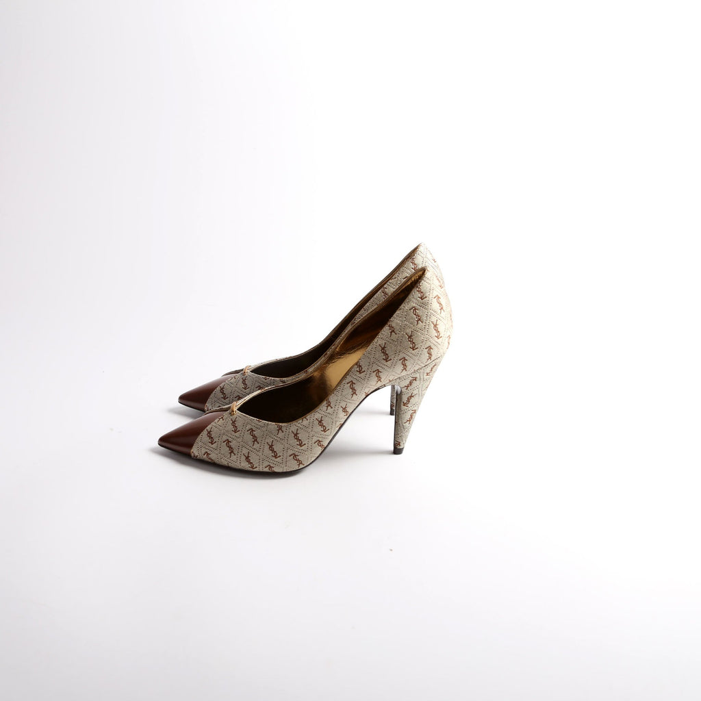 SAINT LAURENT Lola Cap Toe Monogram Pumps Size 37.5