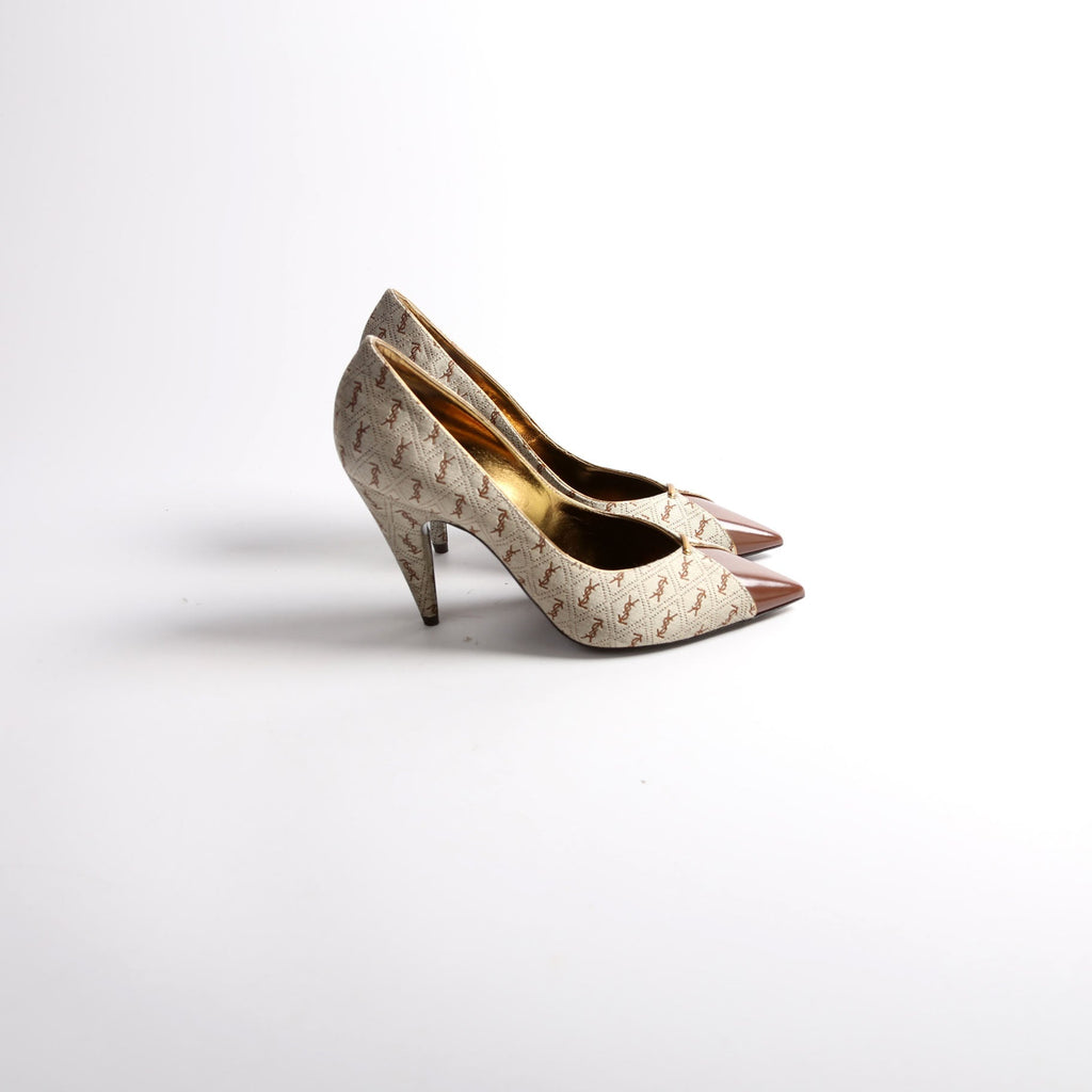 SAINT LAURENT Lola Cap Toe Monogram Pumps Size 37.5
