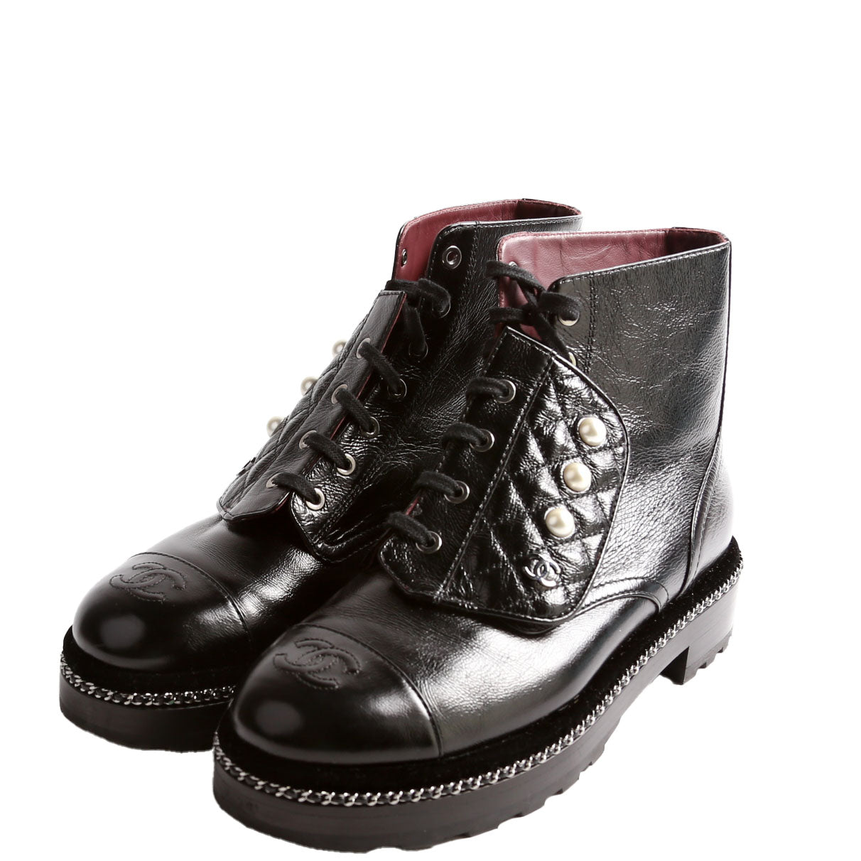 Pearl Combat Boots Calfskin Size 40.5 Black
