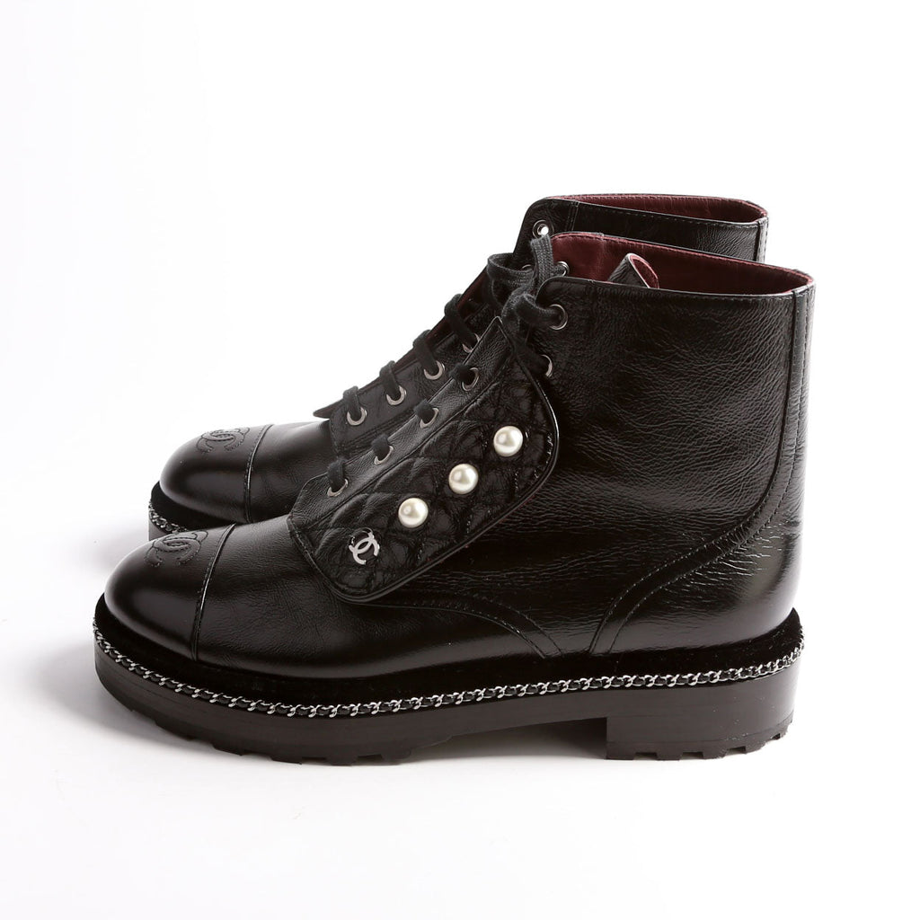 Pearl Combat Boots Calfskin Size 40.5 Black