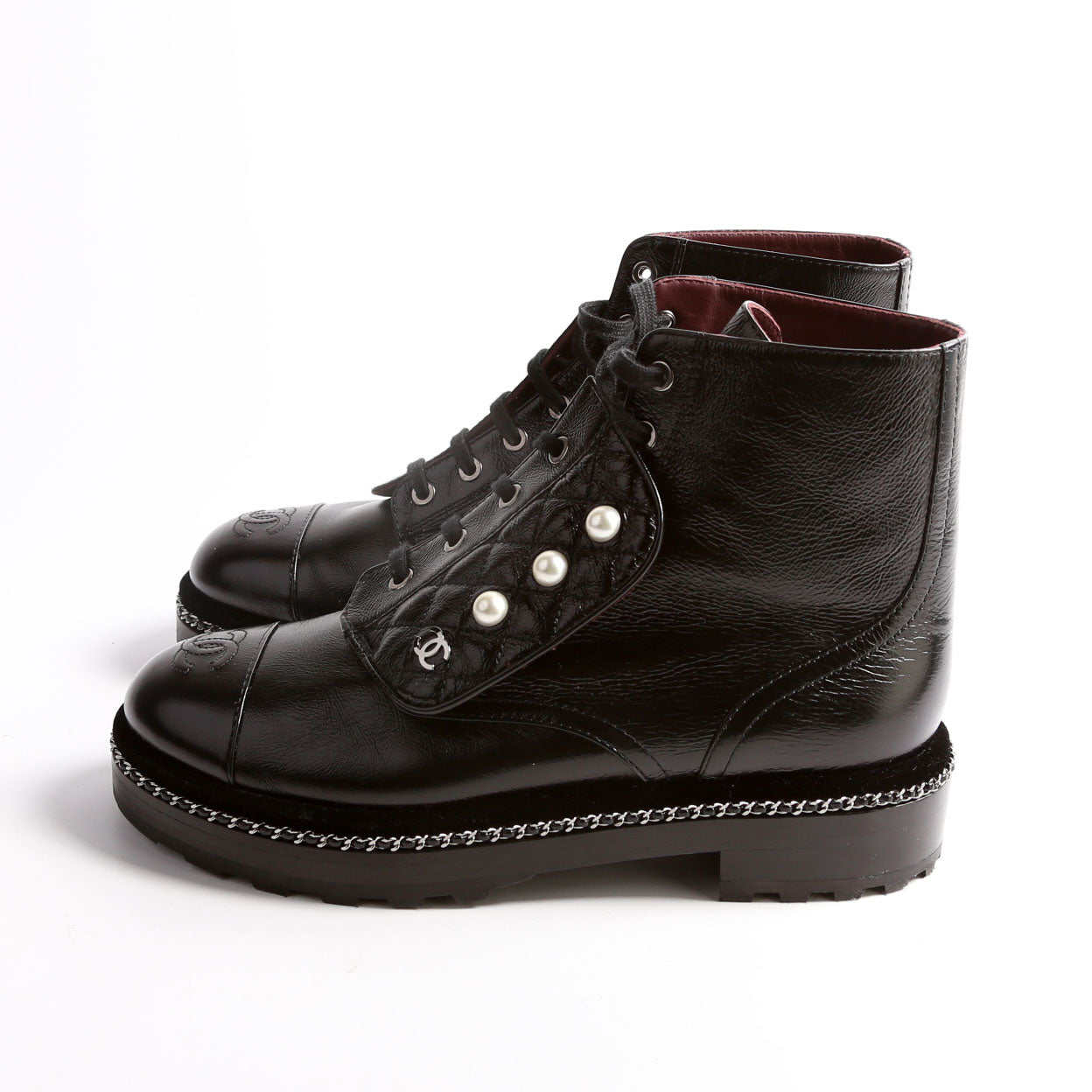 Pearl Combat Boots Calfskin Size 40.5 Black
