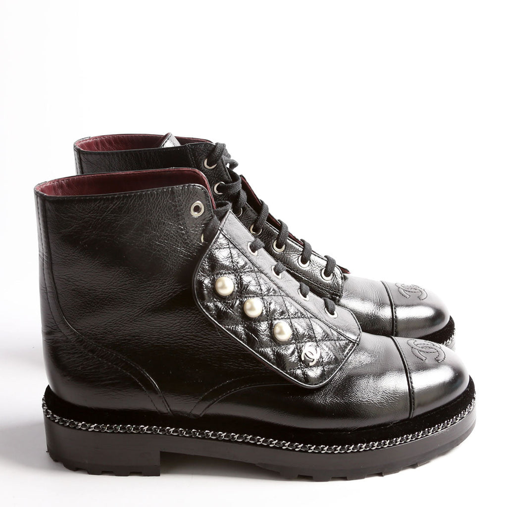 Pearl Combat Boots Calfskin Size 40.5 Black
