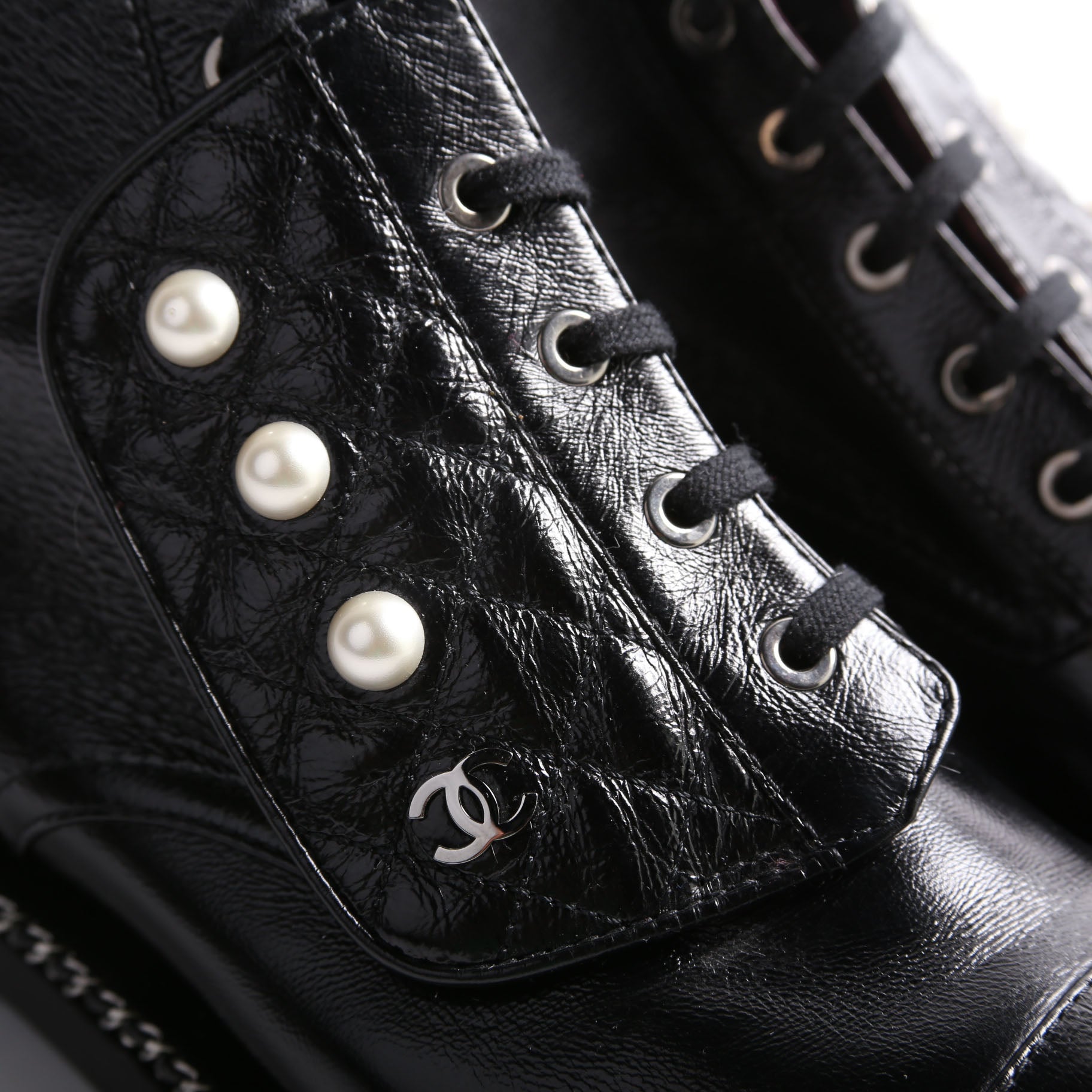 Pearl Combat Boots Calfskin Size 40.5 Black