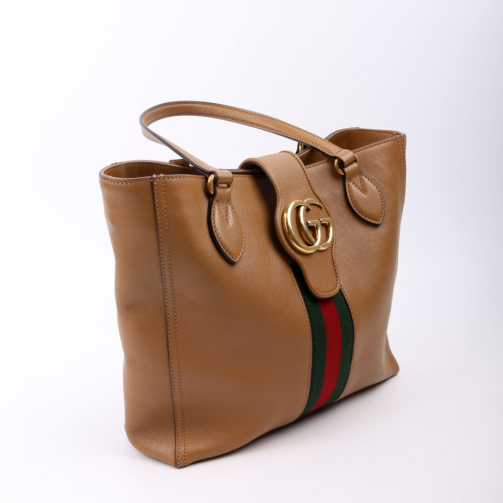 652680 Web/Calfskin Dahlia Tote Small Tan