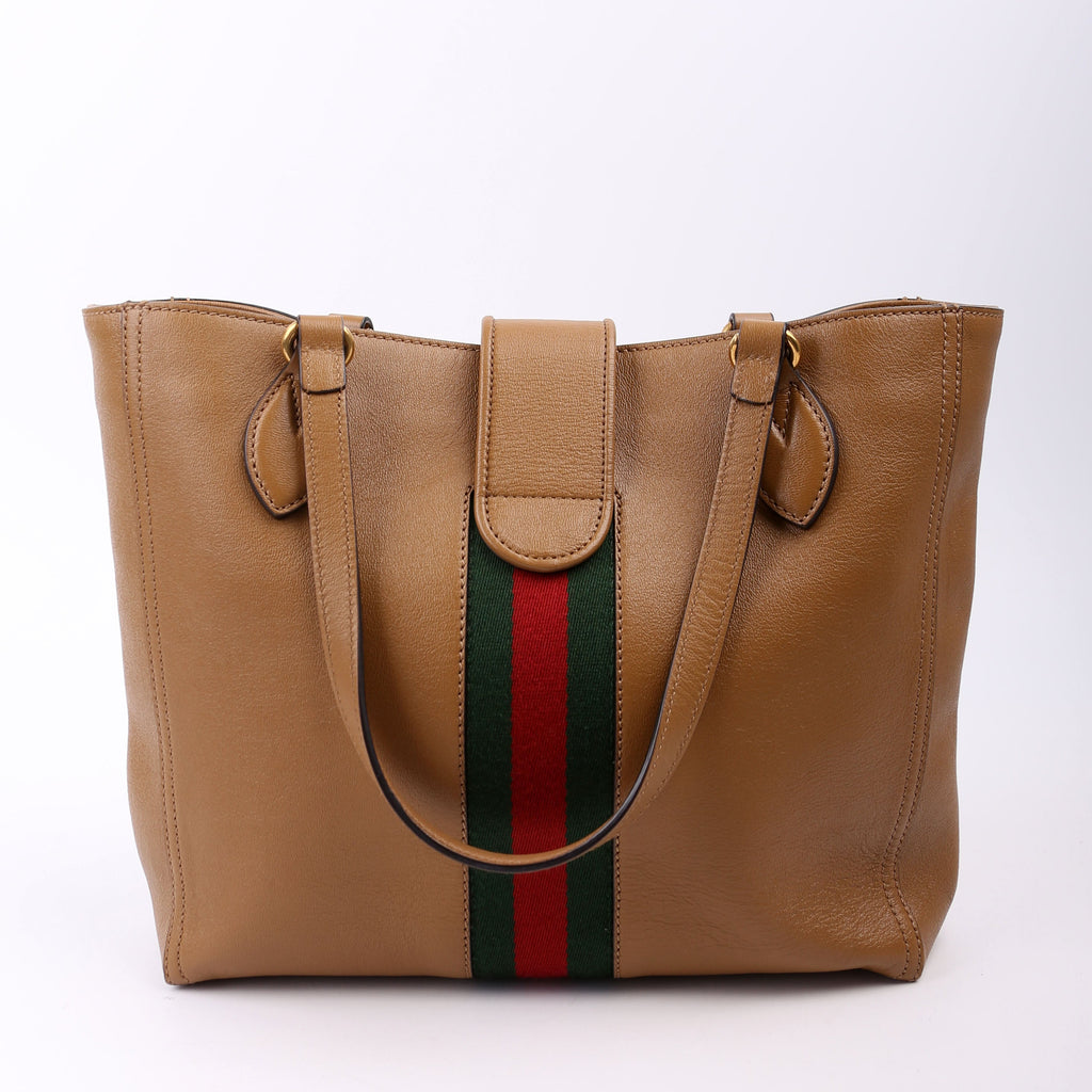 652680 Web/Calfskin Dahlia Tote Small Tan