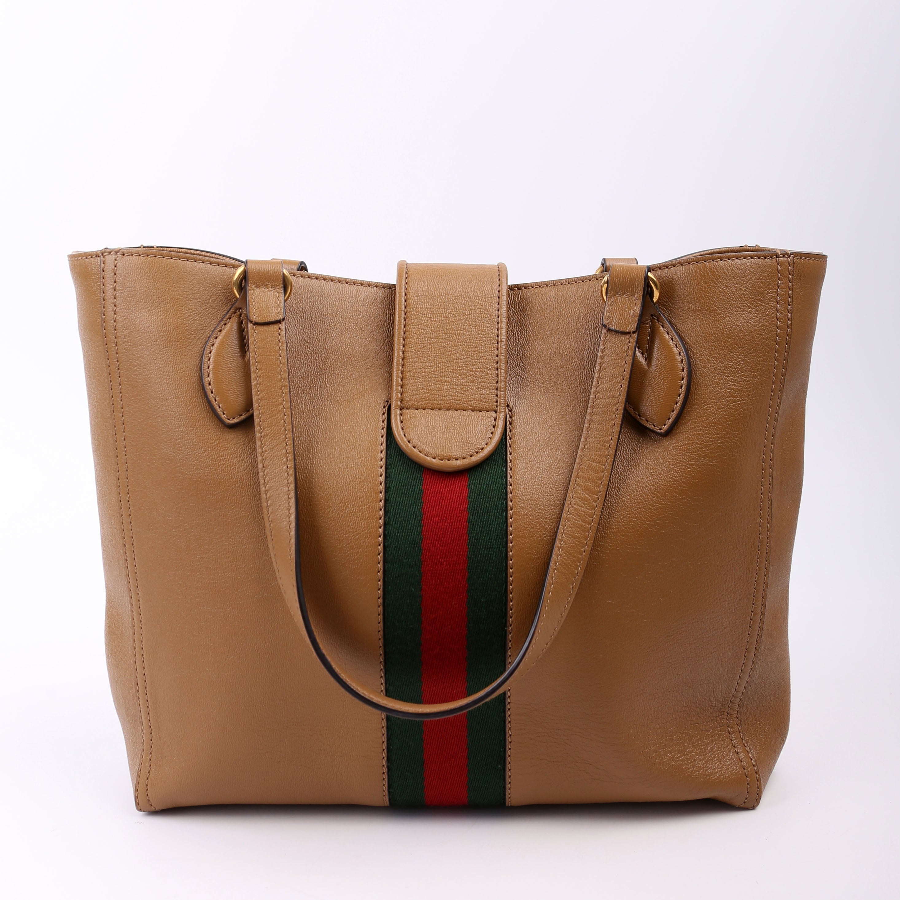 652680 Web/Calfskin Dahlia Tote Small Tan