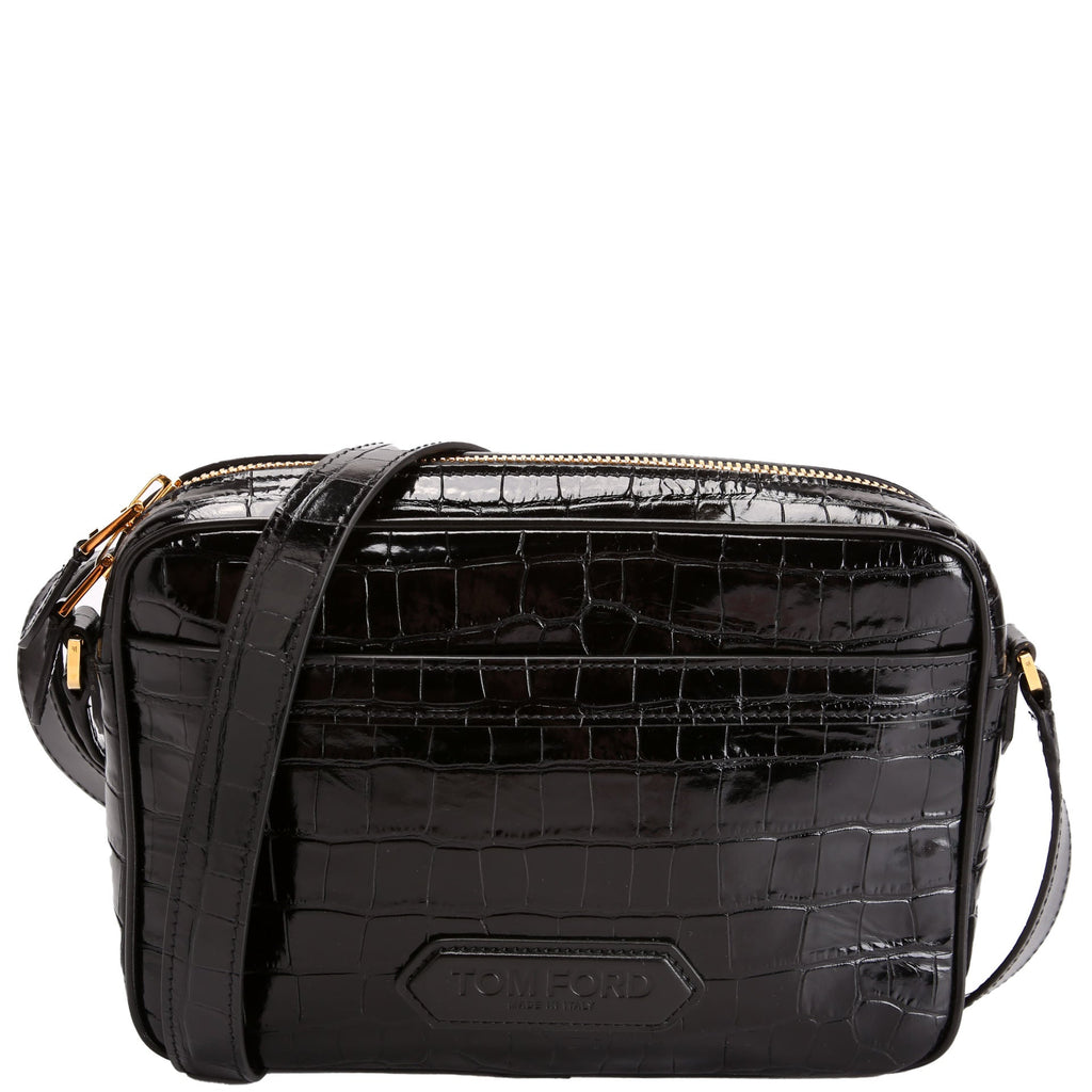 Crocodile Embossed Leather Small Messenger Bag Black