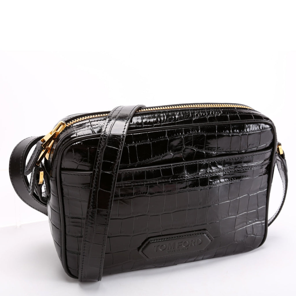 Crocodile Embossed Leather Small Messenger Bag Black