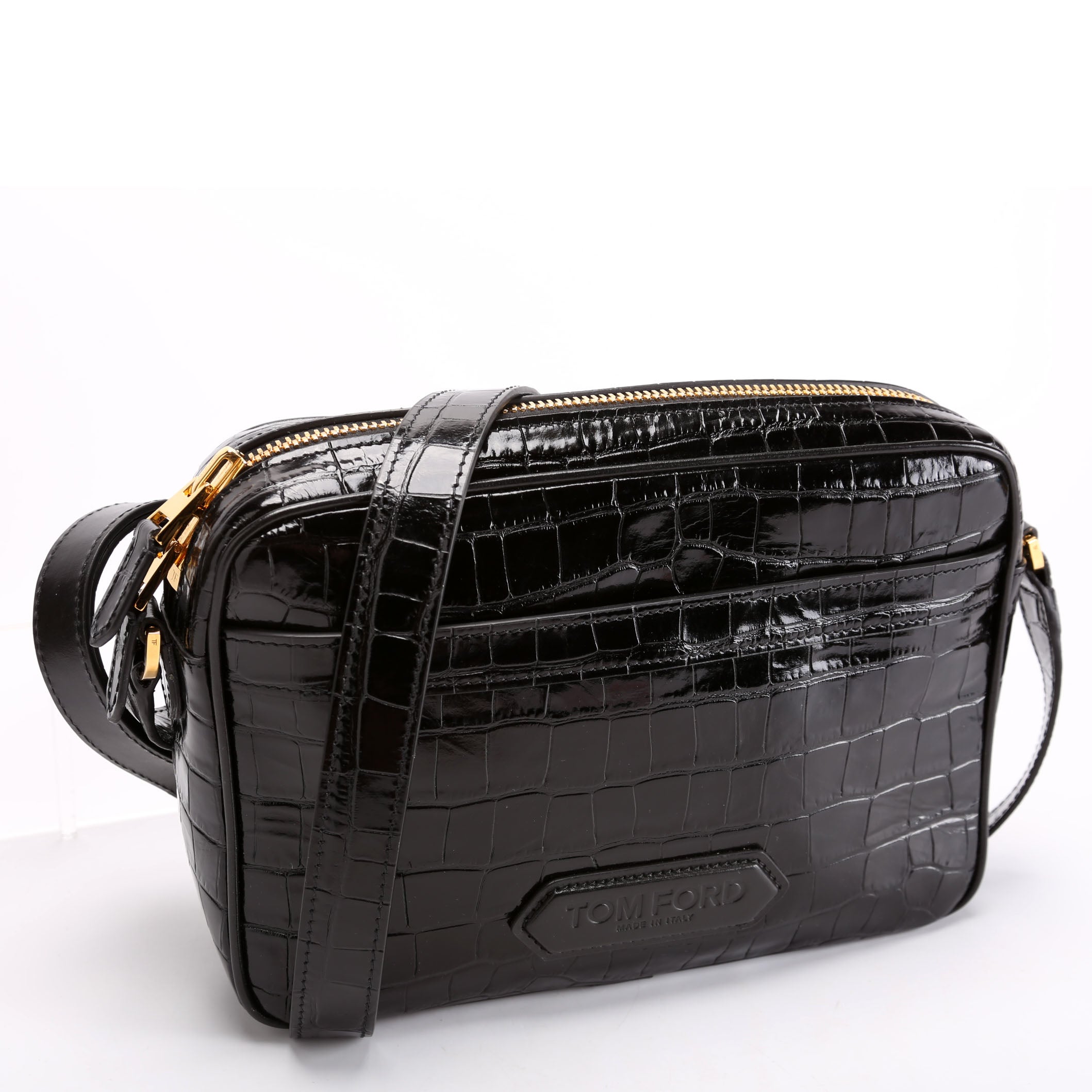 Crocodile Embossed Leather Small Messenger Bag Black