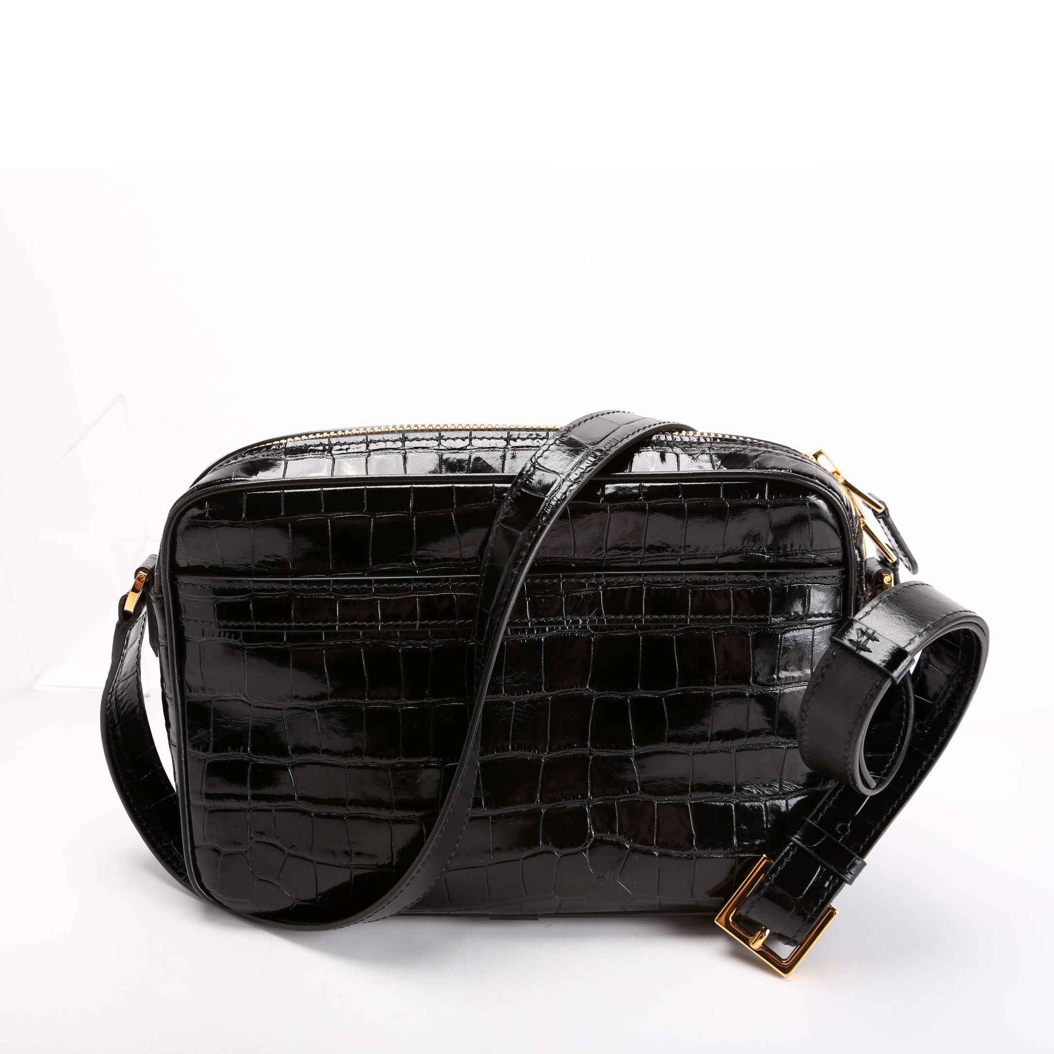 Crocodile Embossed Leather Small Messenger Bag Black