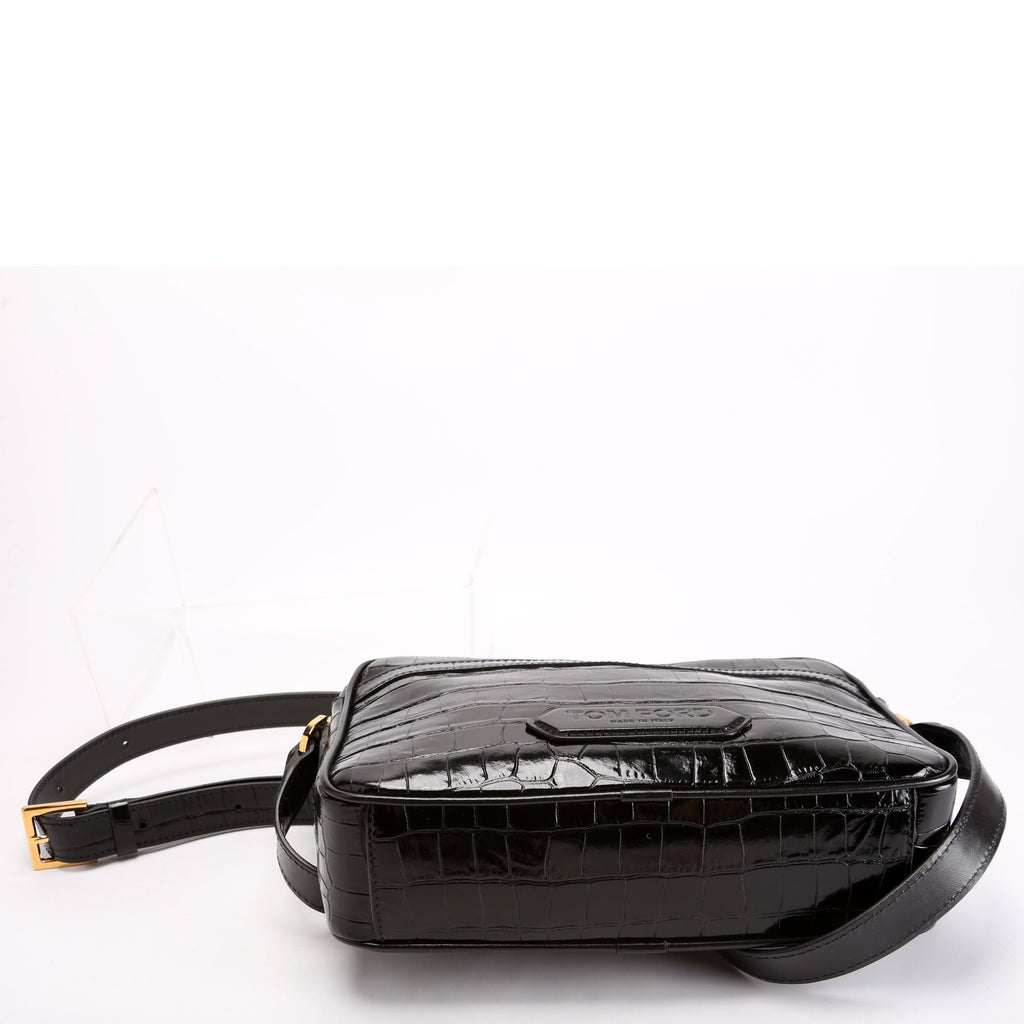 Crocodile Embossed Leather Small Messenger Bag Black