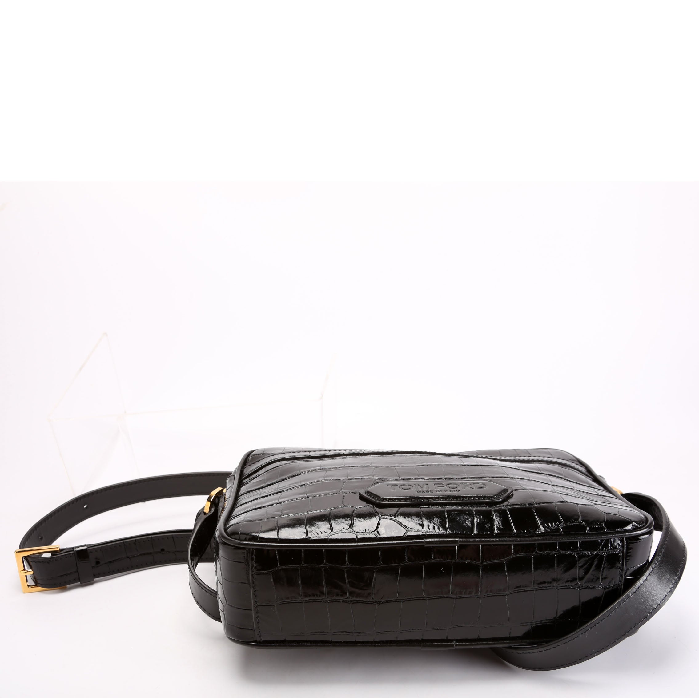 Crocodile Embossed Leather Small Messenger Bag Black