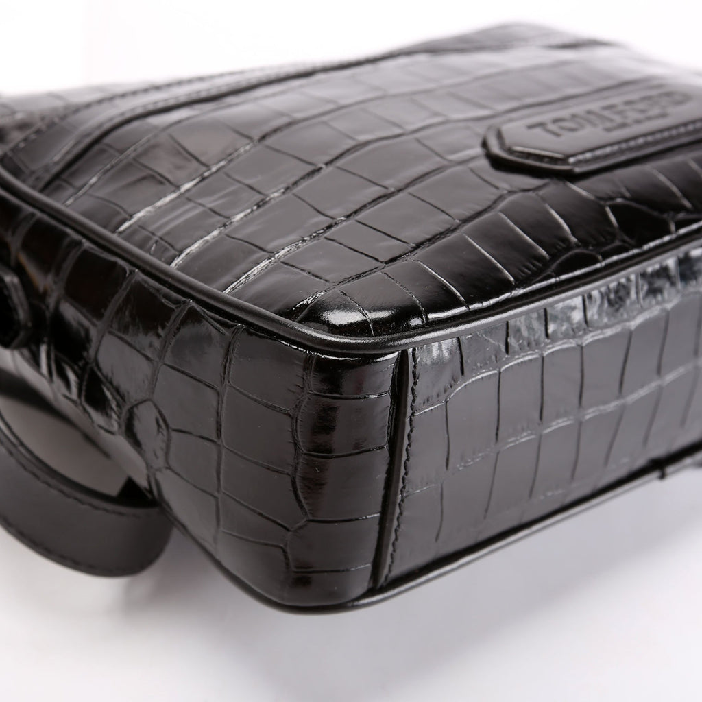 Crocodile Embossed Leather Small Messenger Bag Black