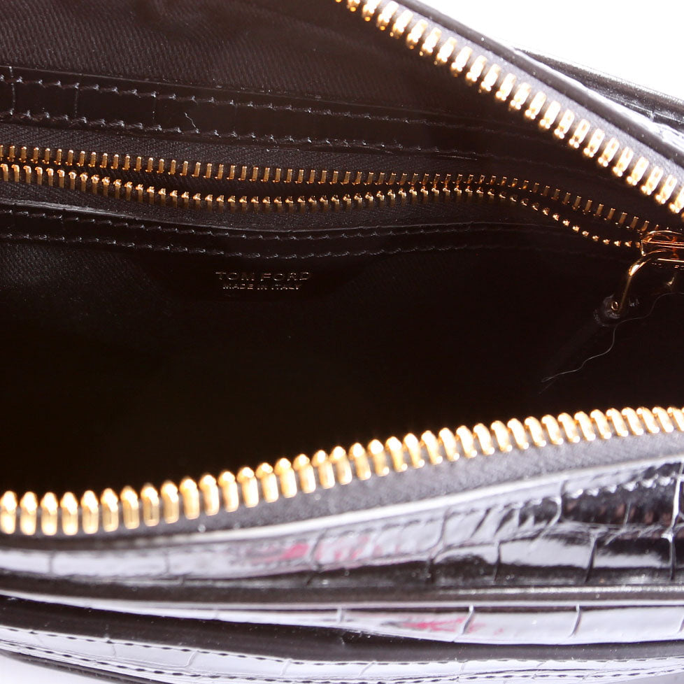 Crocodile Embossed Leather Small Messenger Bag Black