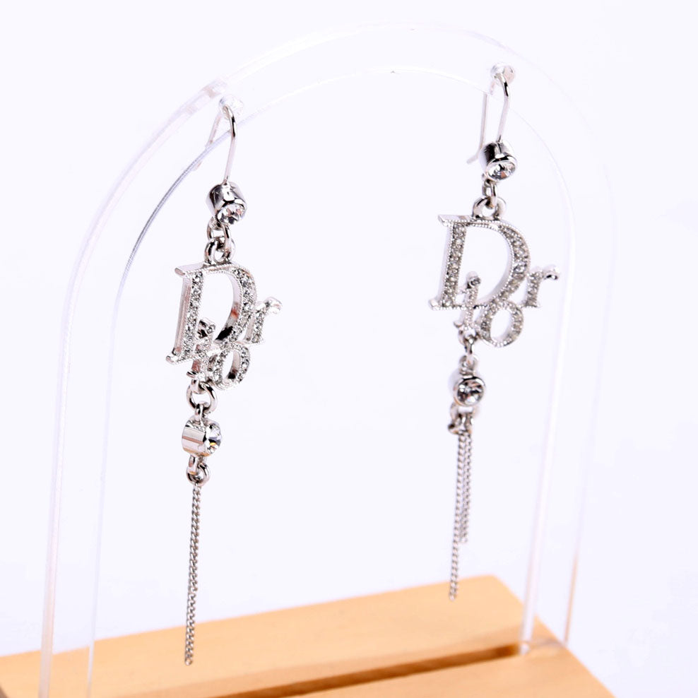 Crystal Logo Drop Vintage Earrings Silver
