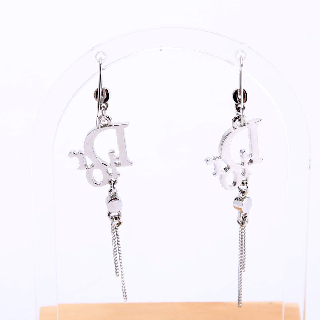 Crystal Logo Drop Vintage Earrings Silver
