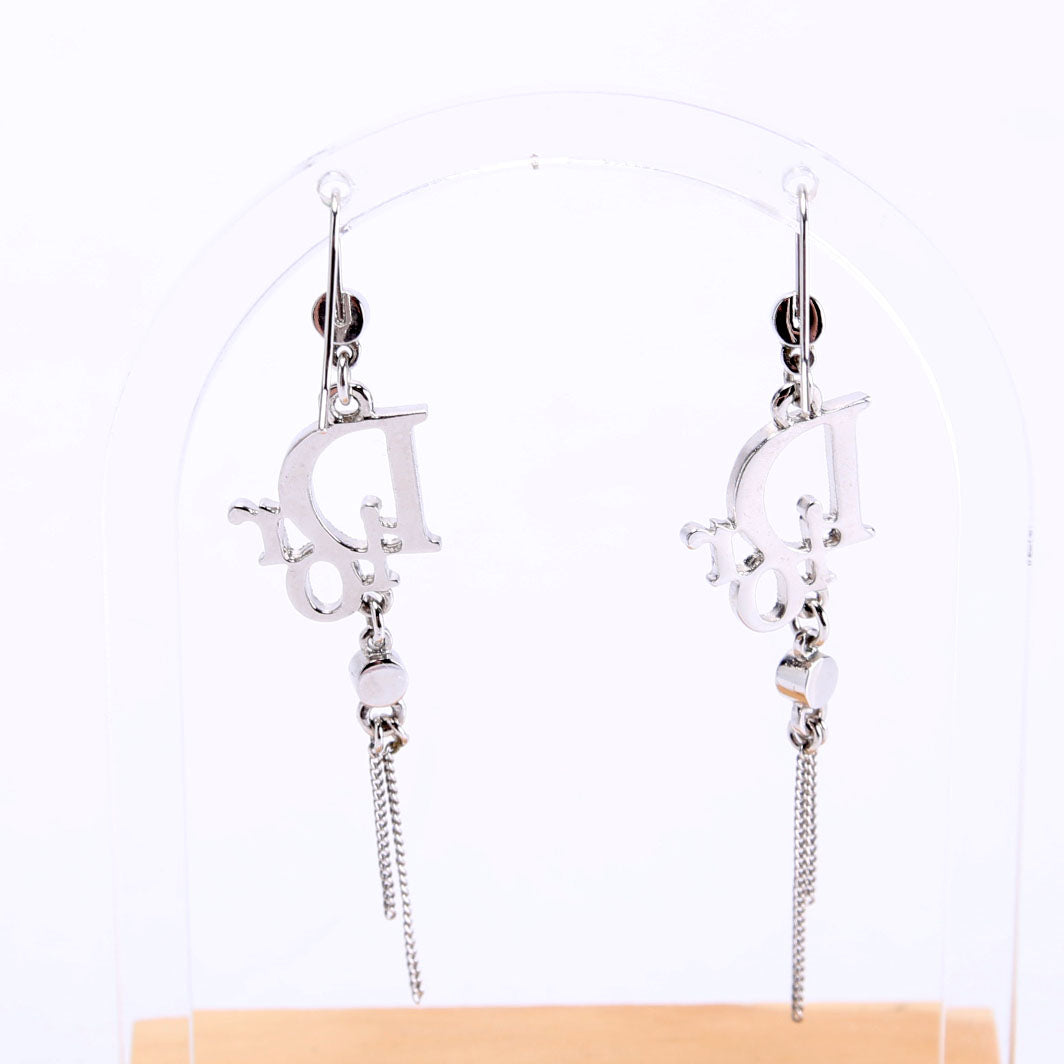 Crystal Logo Drop Vintage Earrings Silver