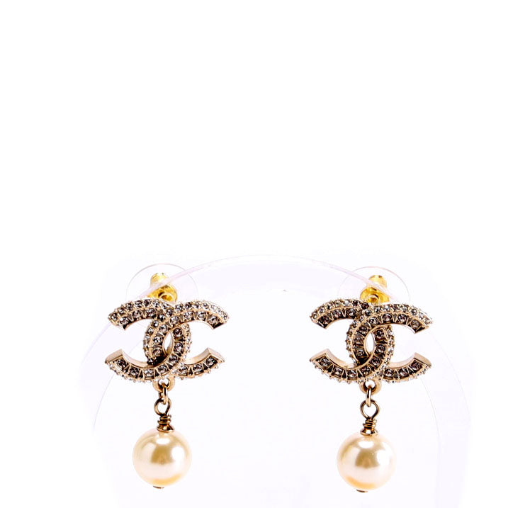Crystal CC Pearl Drop Earrings Gold/Pearl