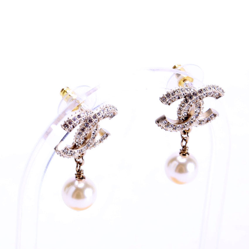 Crystal CC Pearl Drop Earrings Gold/Pearl