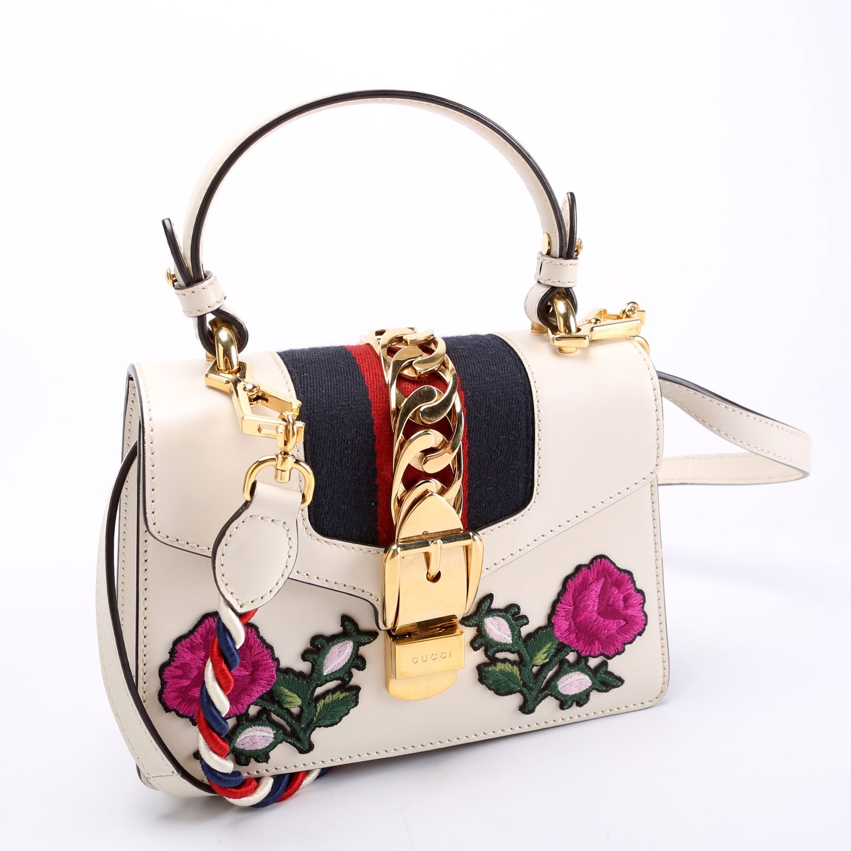 Gucci 470270 Sylvie Rose Embroidered Mini Bag White