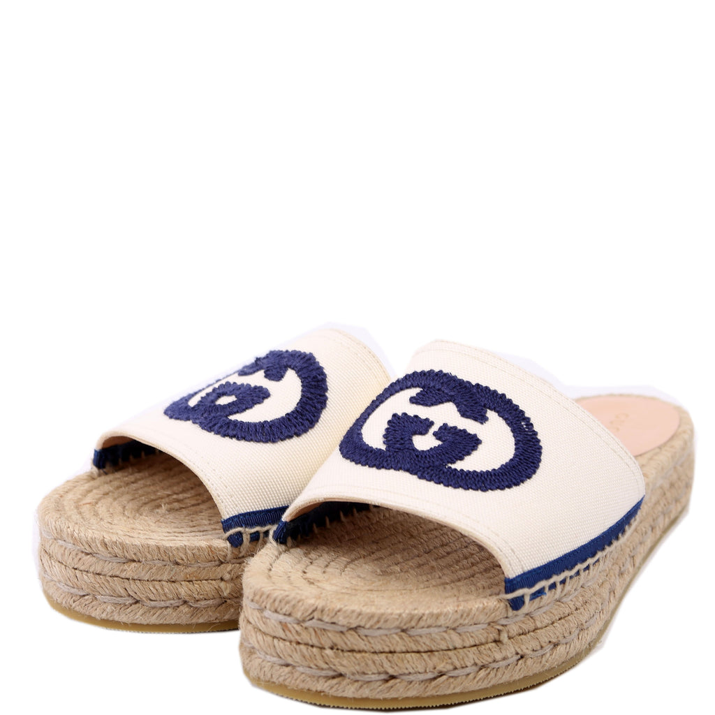 Gucci Interlocking GG Espadrille Slides Size 36 White/Navy