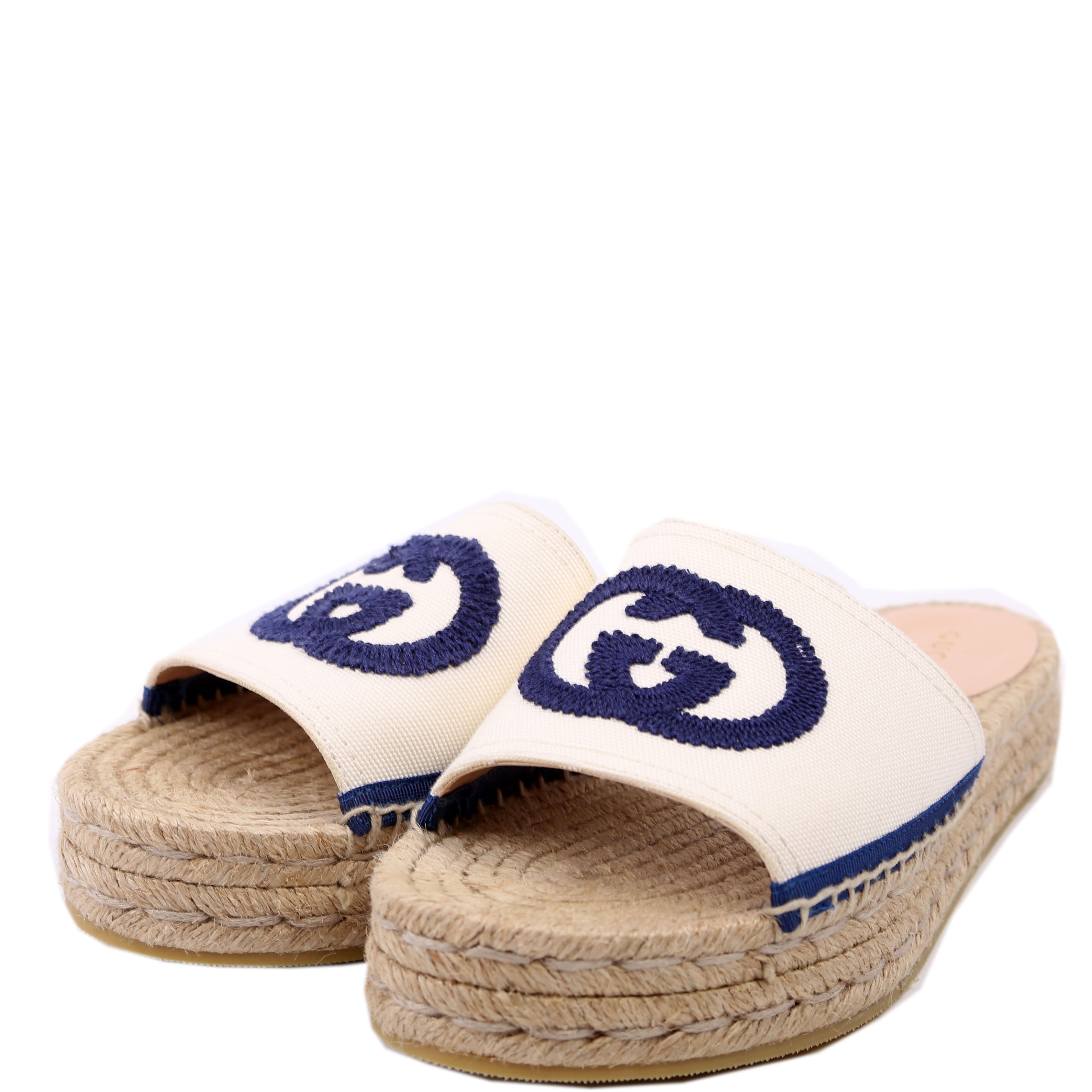 Gucci Interlocking GG Espadrille Slides Size 36 White/Navy