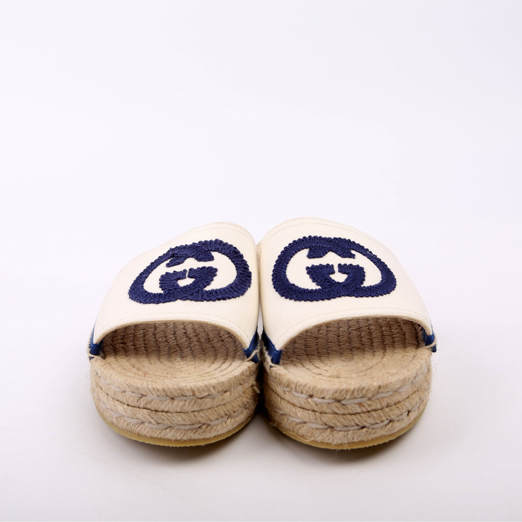 Gucci Interlocking GG Espadrille Slides Size 36 White/Navy