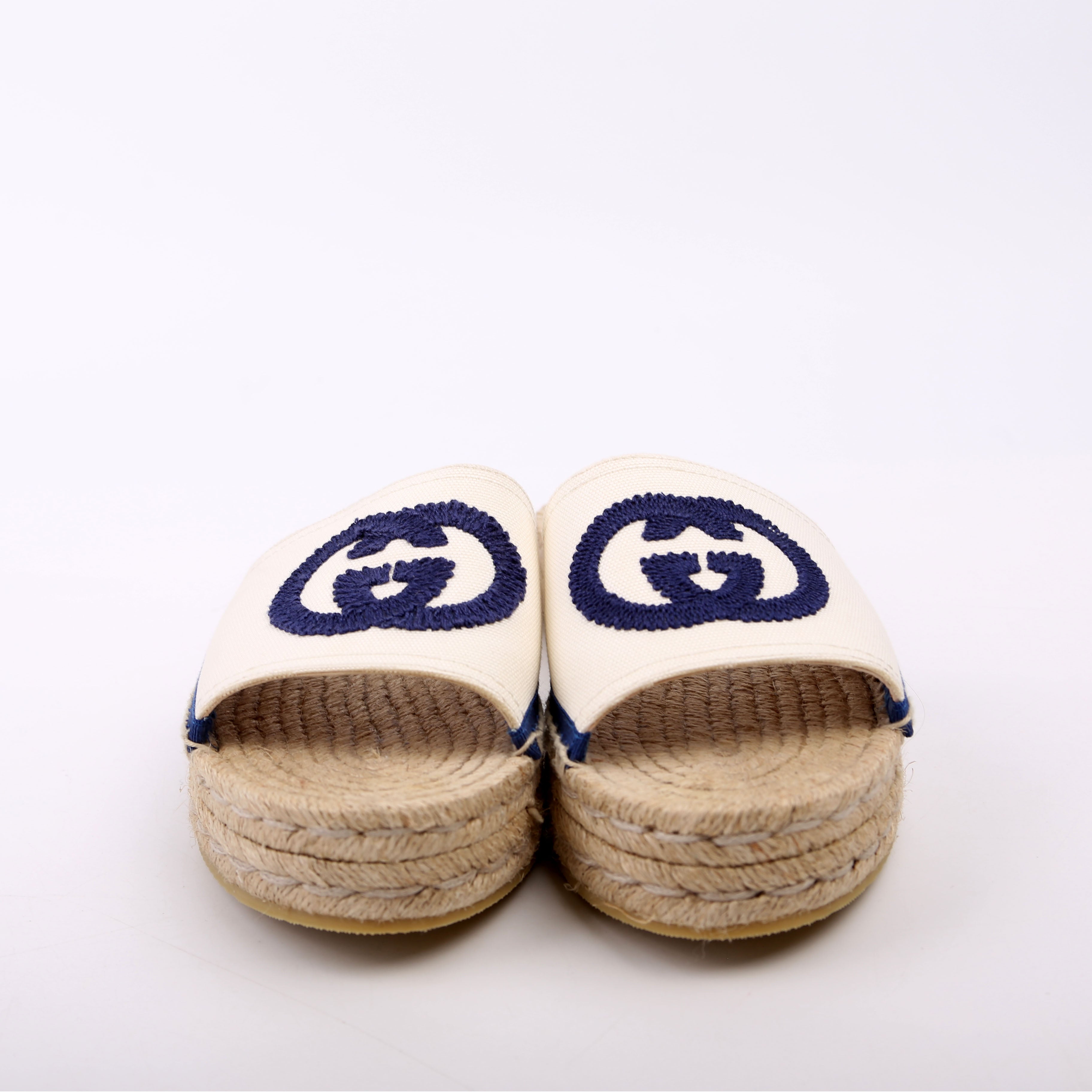 Gucci Interlocking GG Espadrille Slides Size 36 White/Navy