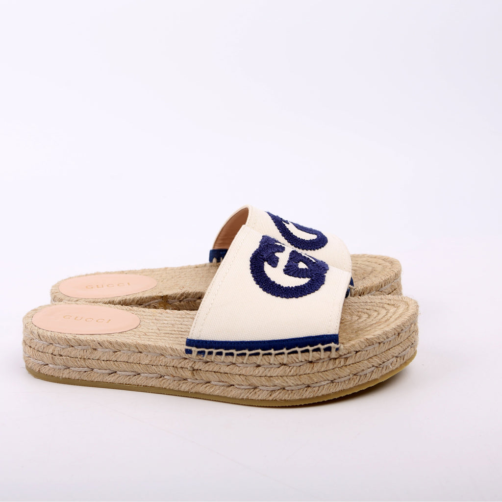 Gucci Interlocking GG Espadrille Slides Size 36 White/Navy