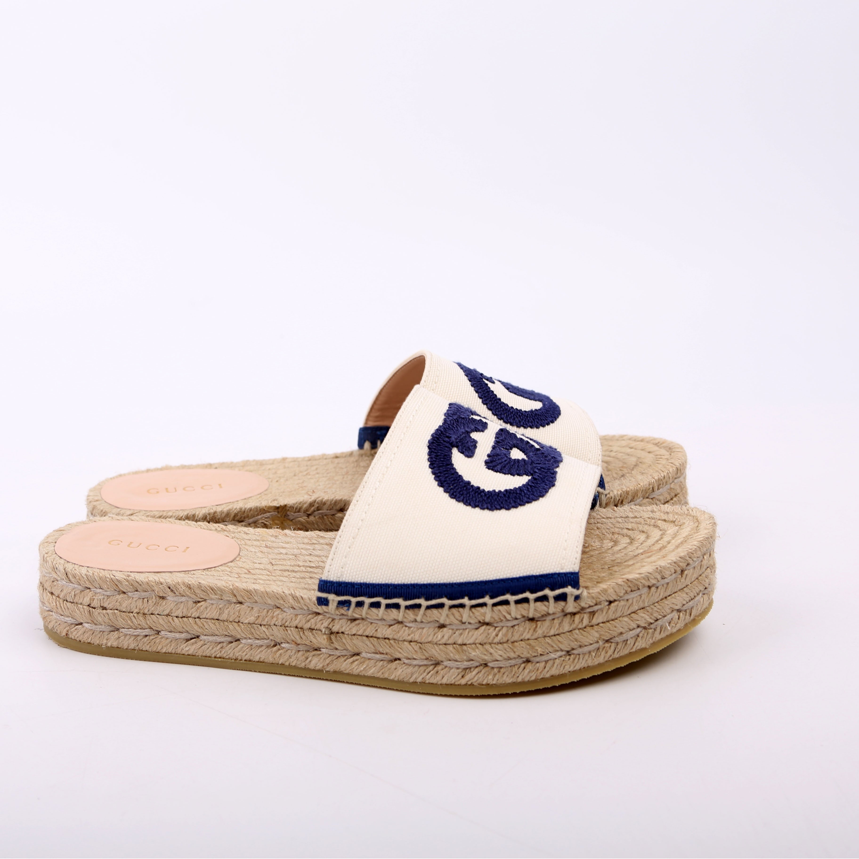 Gucci Interlocking GG Espadrille Slides Size 36 White/Navy