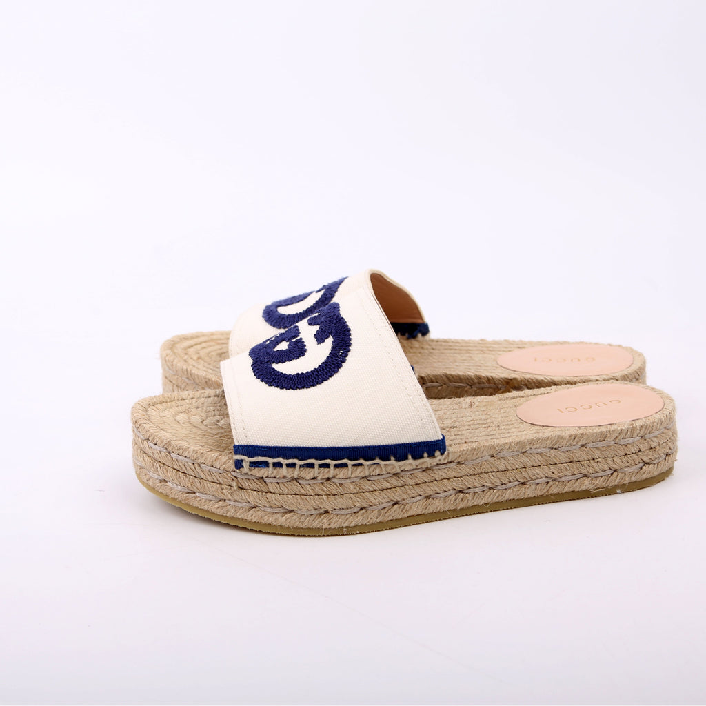 Gucci Interlocking GG Espadrille Slides Size 36 White/Navy