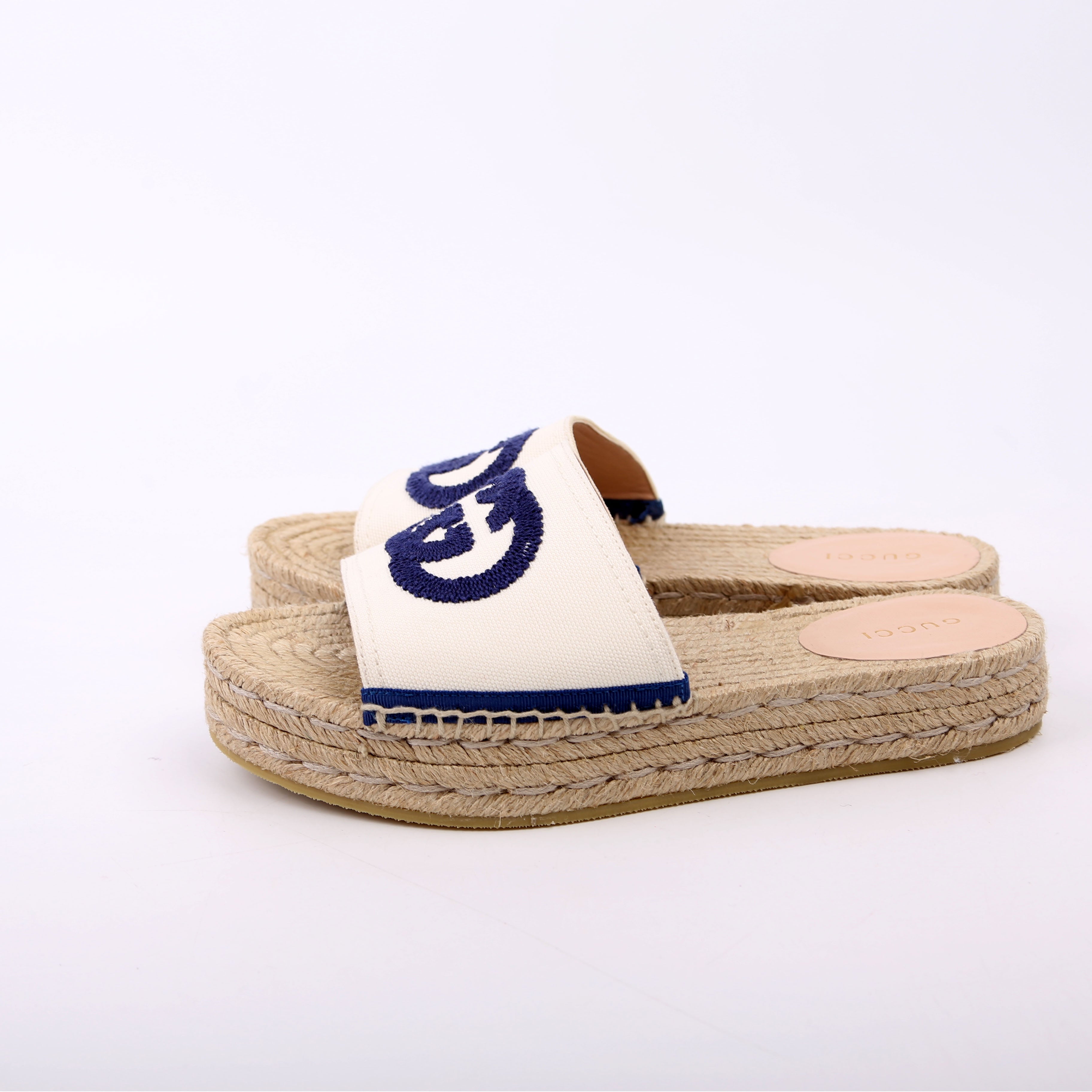 Gucci Interlocking GG Espadrille Slides Size 36 White/Navy