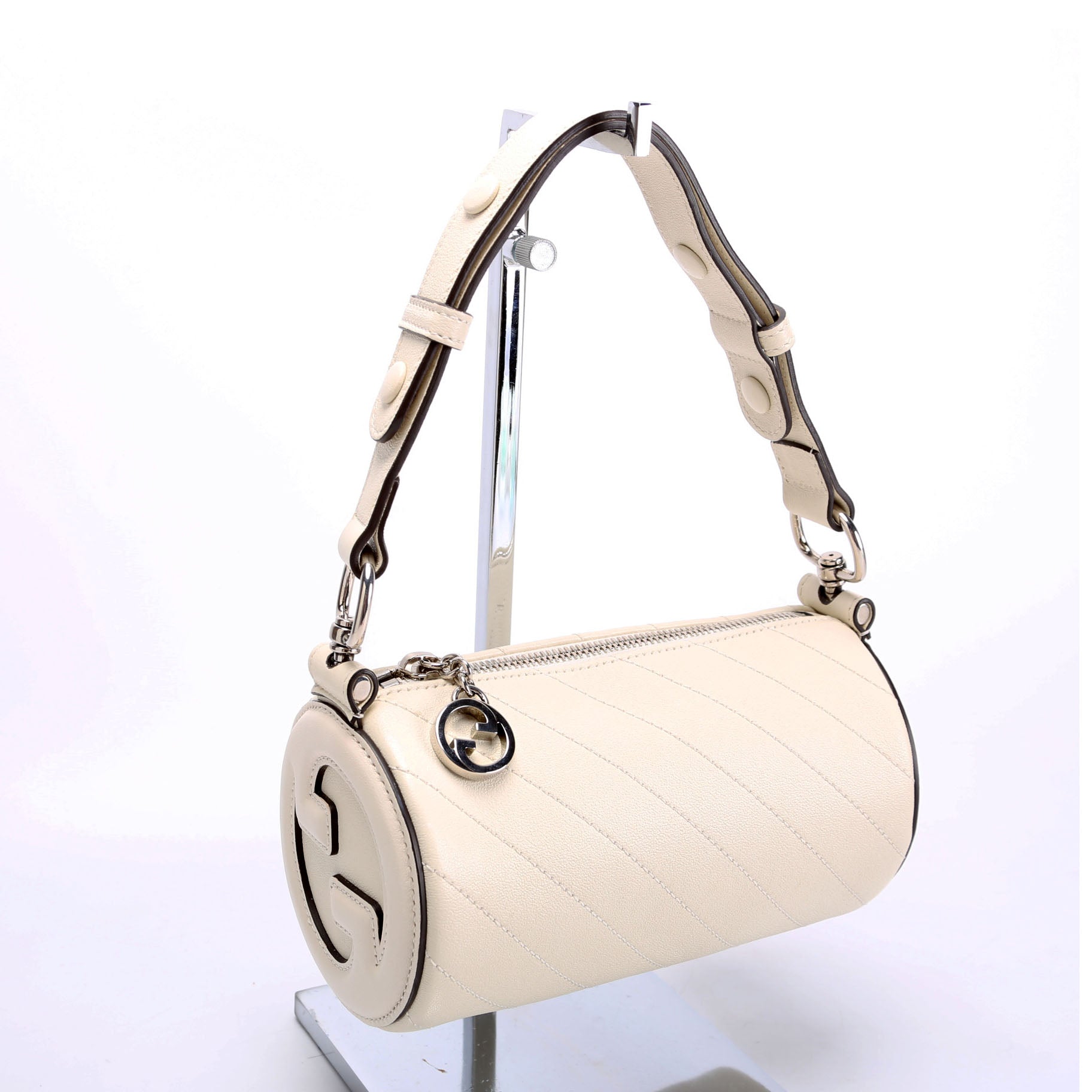 Gucci 760170 Diagonal Stitch Calfskin Blondie Mini Barrel Bag White/Silver