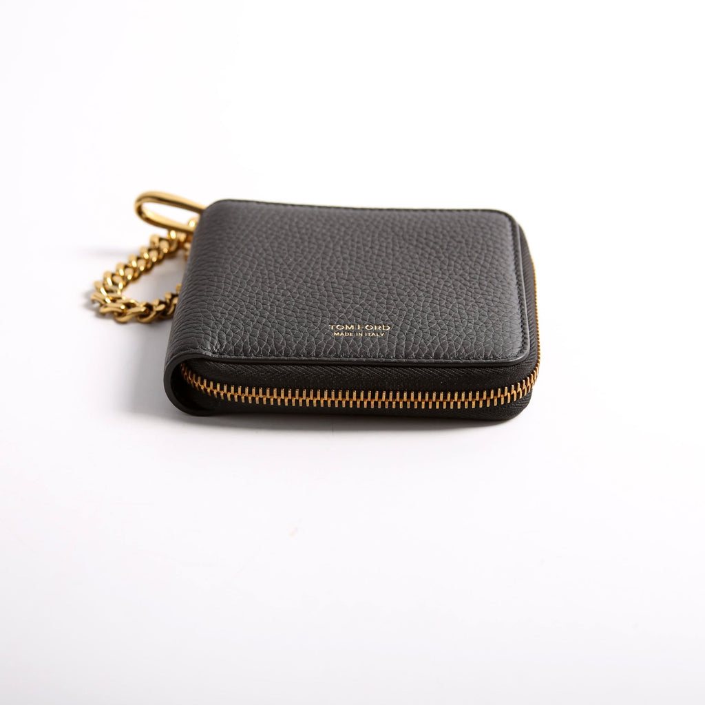 Men's Chain Zip Around Bifold Wallet Grain Leather Black