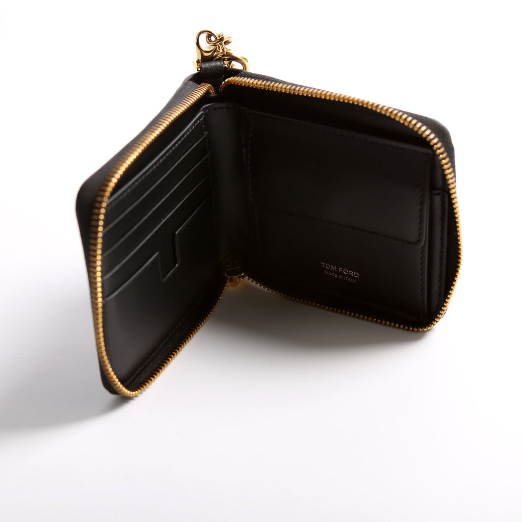 Men's Chain Zip Around Bifold Wallet Grain Leather Black