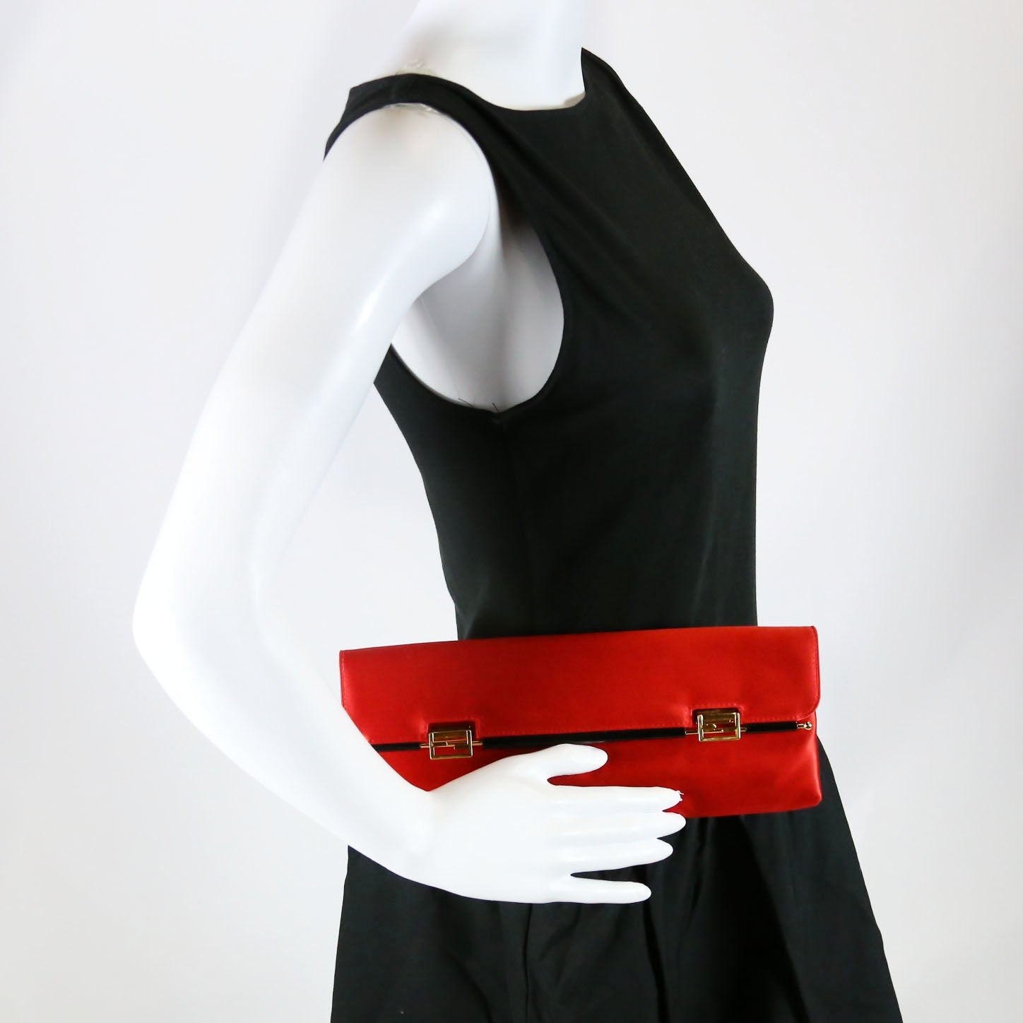 8BP032 Satin FF Clasp Long Clutch Red