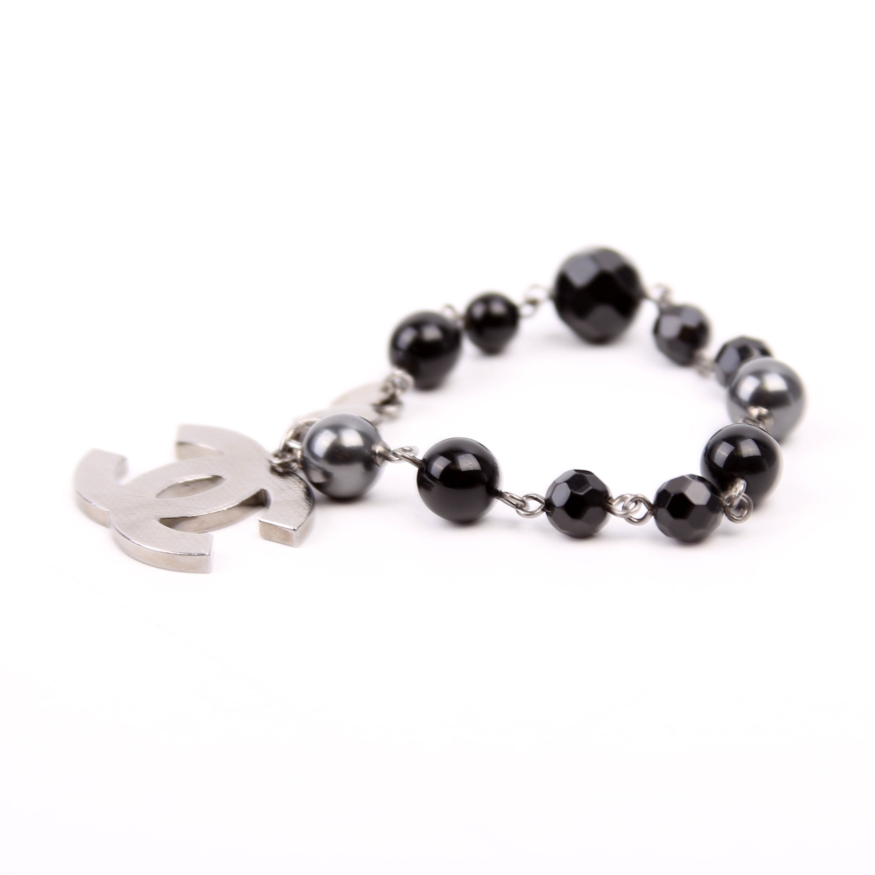 Large CC Beaded Chain Bracelet Silver/Black