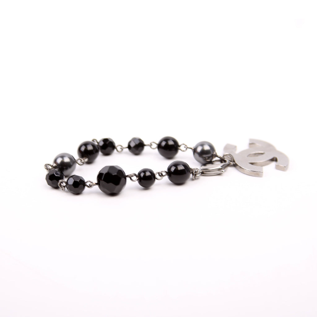 Large CC Beaded Chain Bracelet Silver/Black